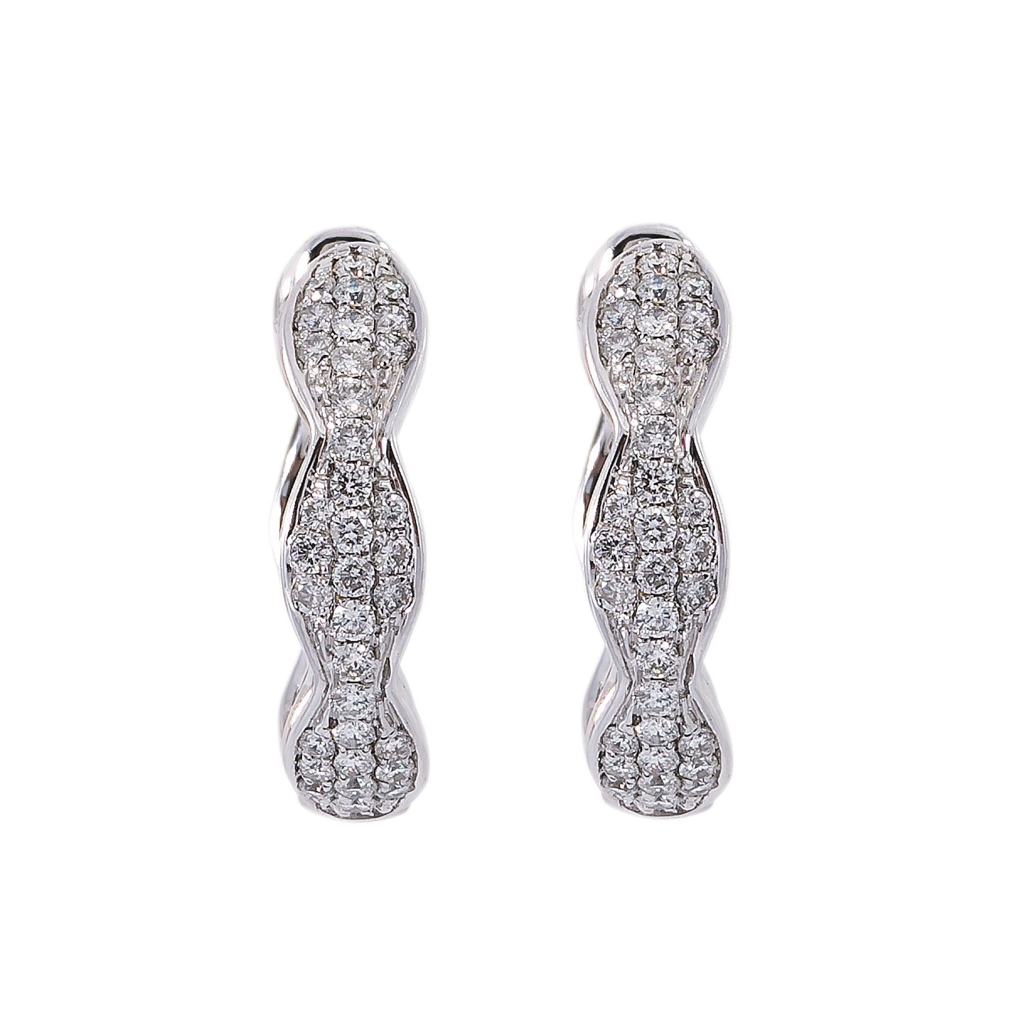 14K White Gold Ladies Hoop Earrings Pave Set With 0.95 CT Diamonds
