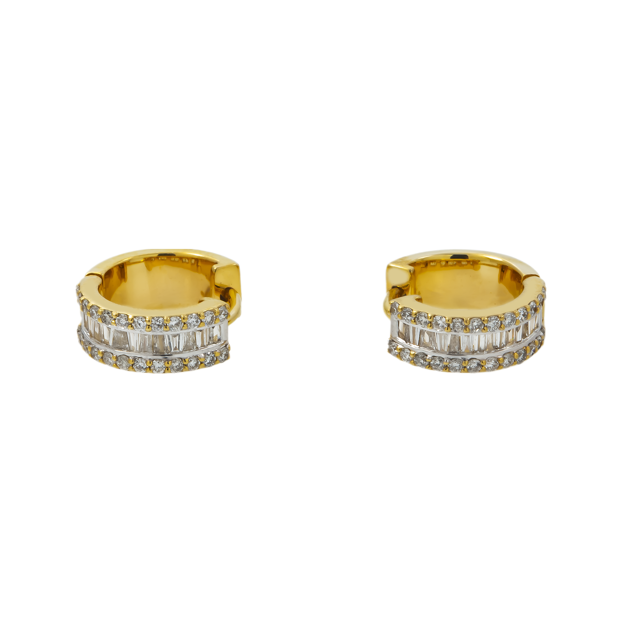 10K GOLD BAGUETTE AND ROUND DIAMOND SMALL HOOP EARRINGS 0.65 CTW