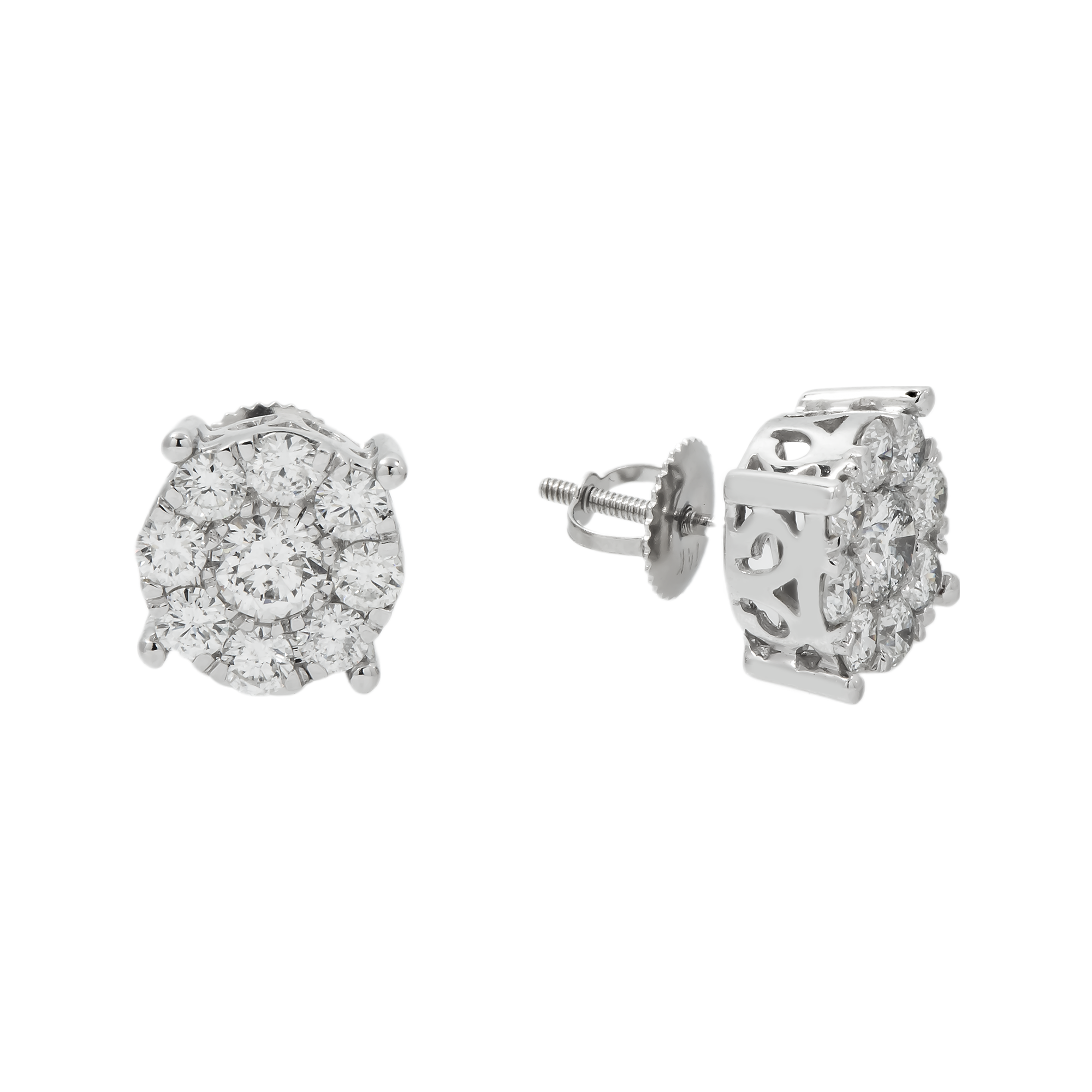 14K GOLD ROUND DIAMOND CLUSTER EARRINGS 2.00 CTW