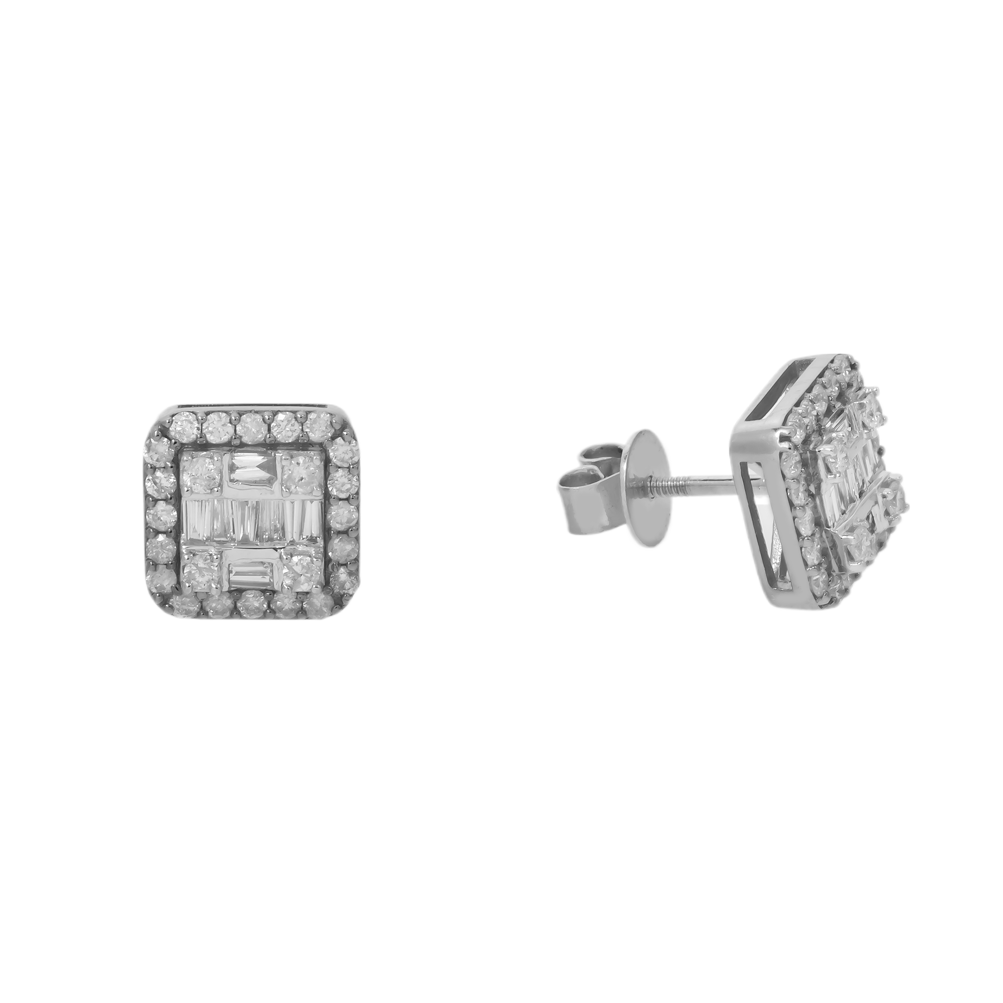 10K GOLD BAGUETTE AND ROUND DIAMOND CLUSTER SQUARE SHAPE EARRINGS 0.89 CTW