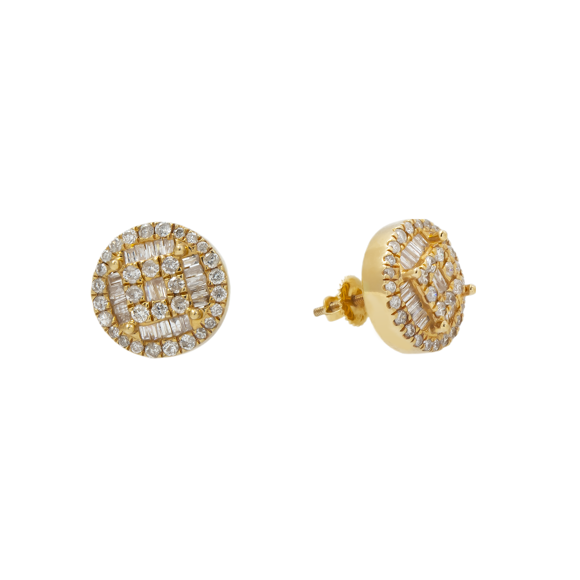 14K GOLD BAGUETTE AND ROUND DIAMOND CLUSTER EARRINGS 1.18 CTW