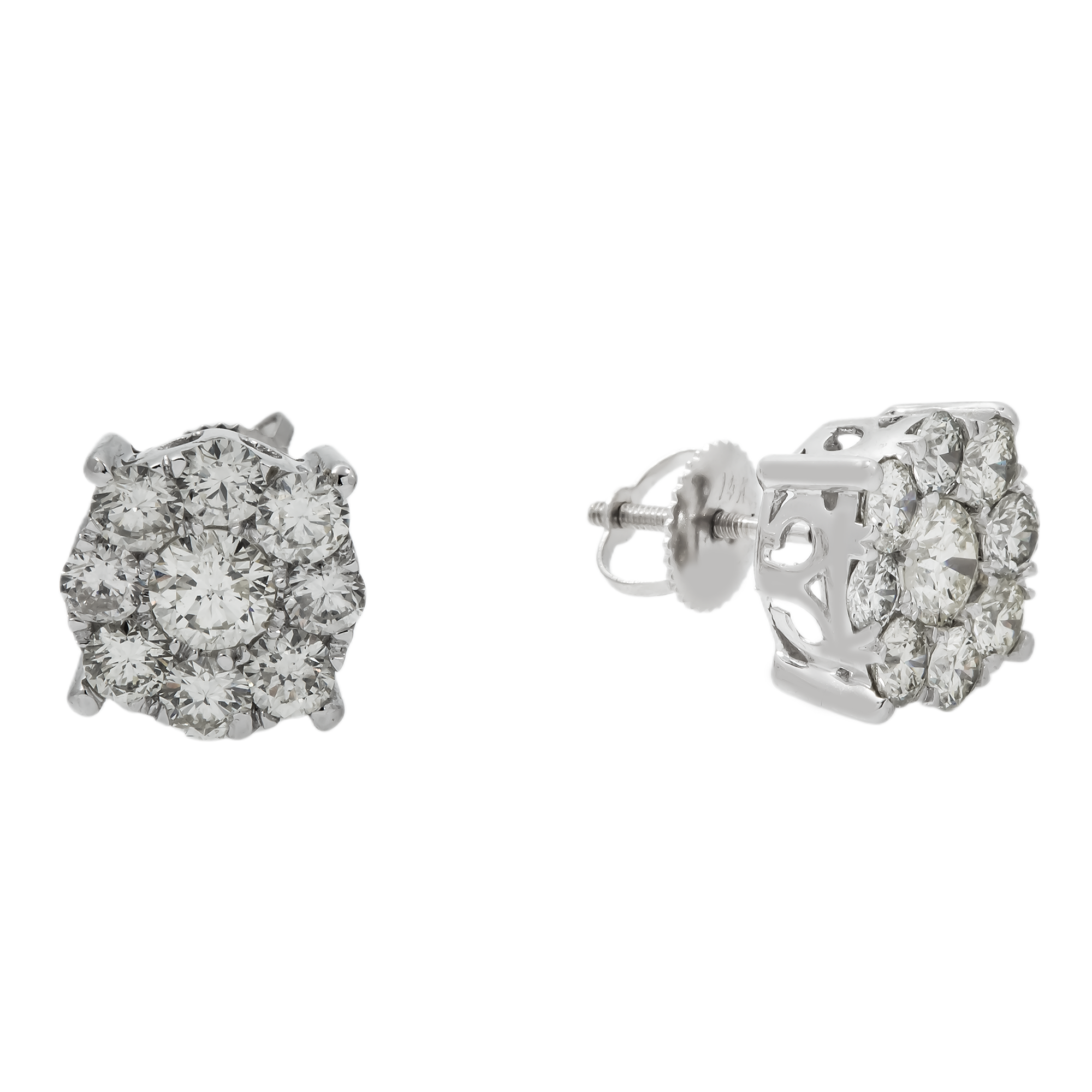 14K GOLD ROUND DIAMOND CLUSTER EARRINGS 2.50 CTW