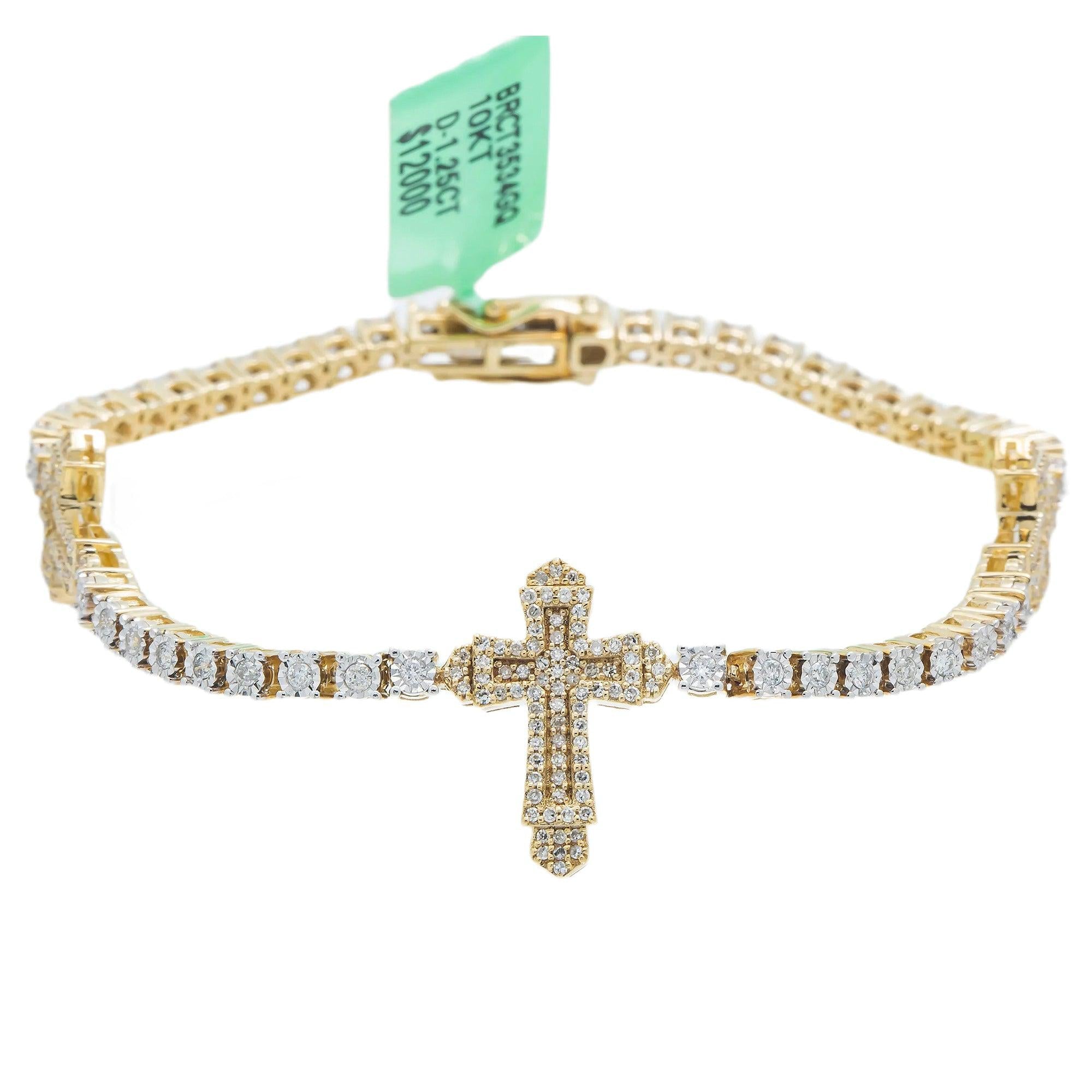 10K GOLD ROUND DIAMONDS CROSS TENNIS BRACELET 1.25 CT