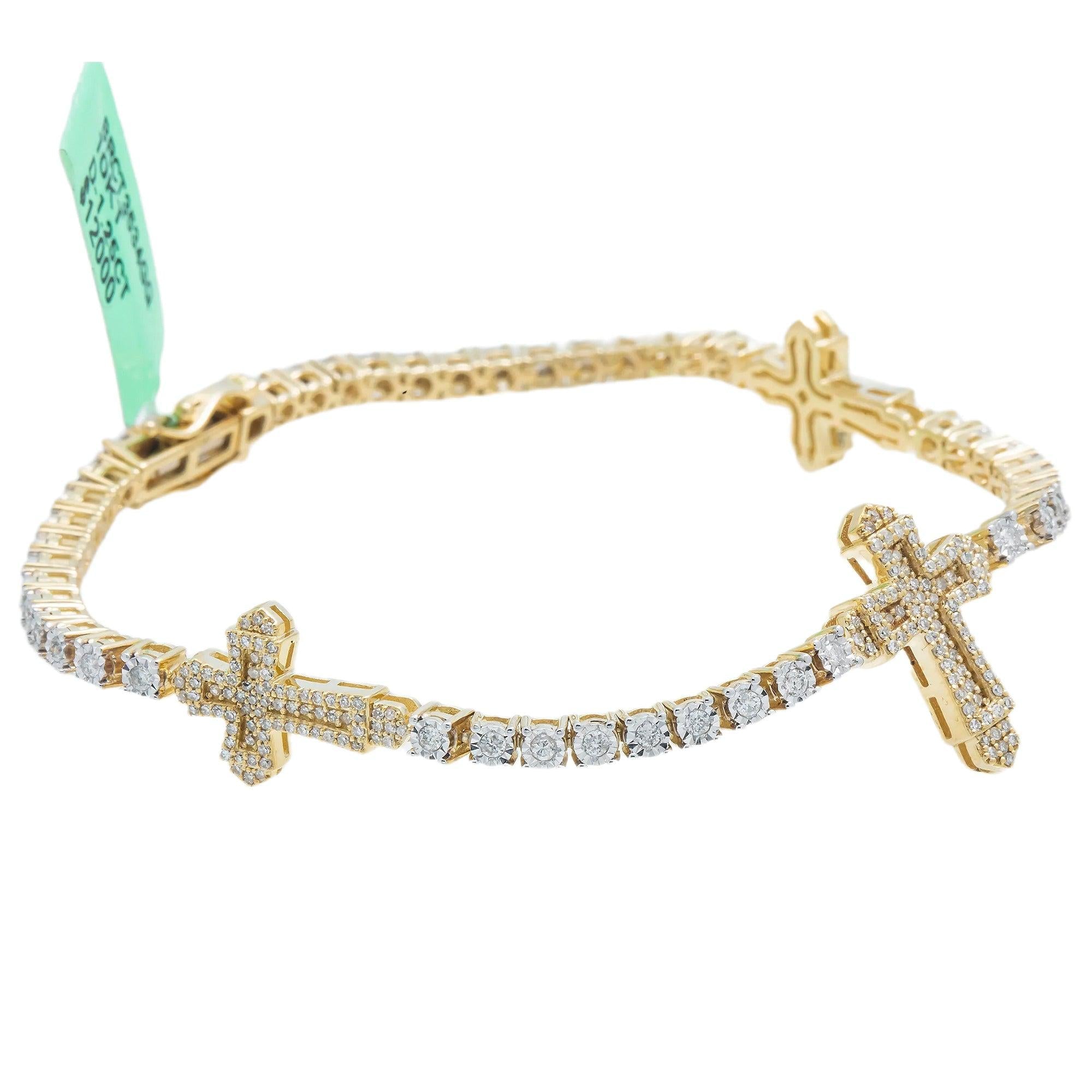 10K GOLD ROUND DIAMONDS CROSS TENNIS BRACELET 1.25 CT