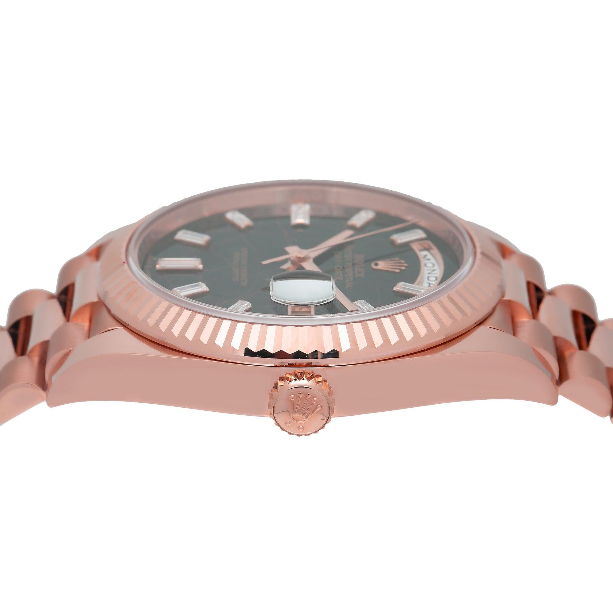 Rolex Day Date 228235 40MM Eisenkiesel Baguette Diamond Dial With Rose Gold Presidential Bracelet