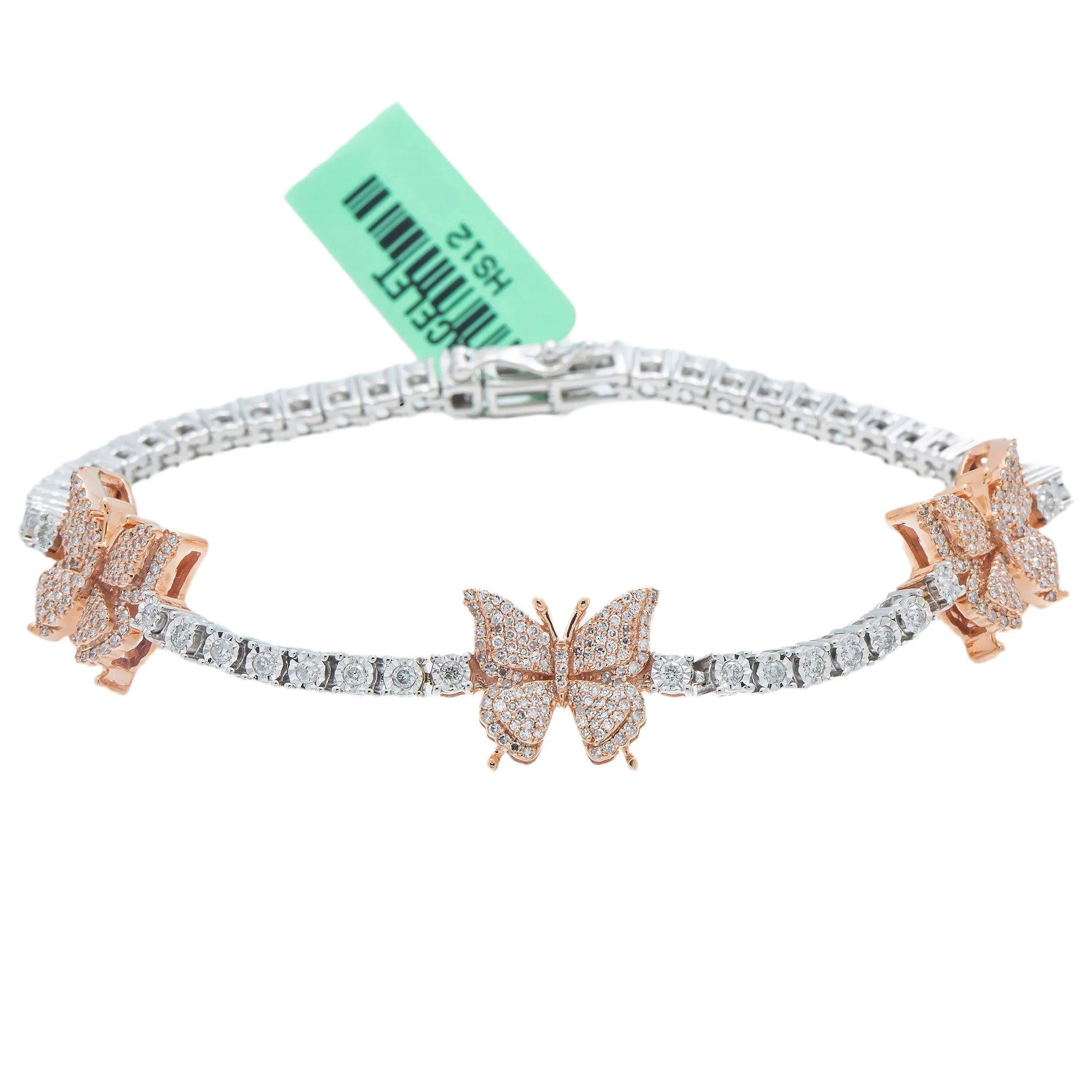10K GOLD ROUND DIAMONDS HEART TWO TONE BUTTERFLY TENNIS BRACELET 1.50 CT