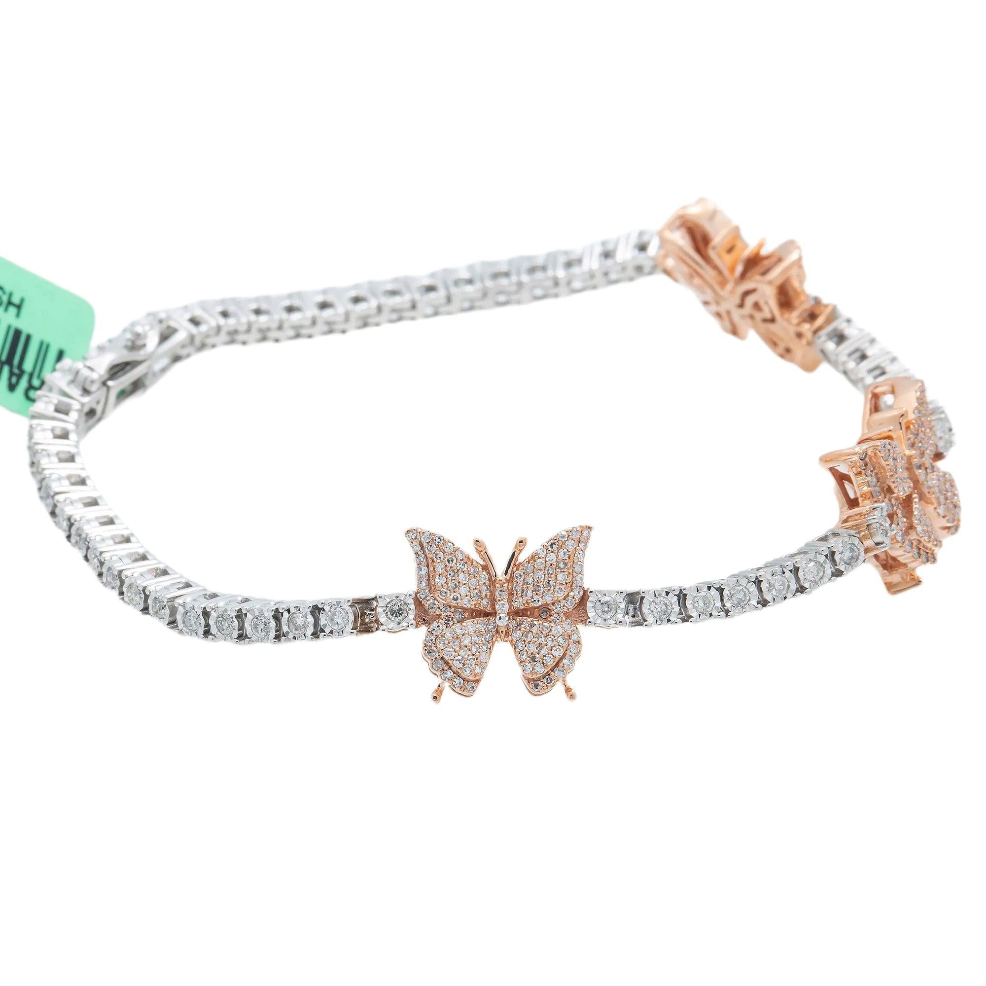 10K GOLD ROUND DIAMONDS HEART TWO TONE BUTTERFLY TENNIS BRACELET 1.50 CT