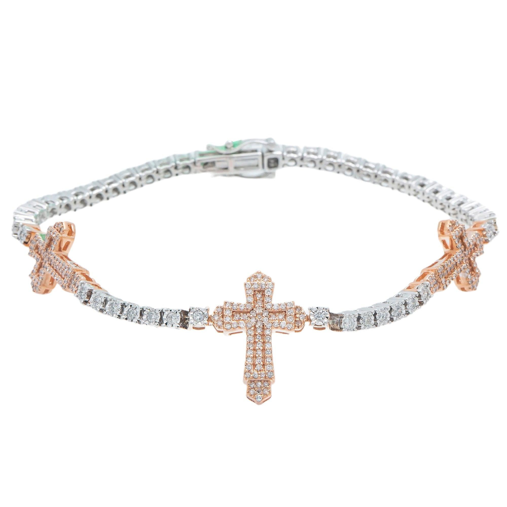 10K GOLD ROUND DIAMONDS CROSS TENNIS BRACELET 1.25 CT