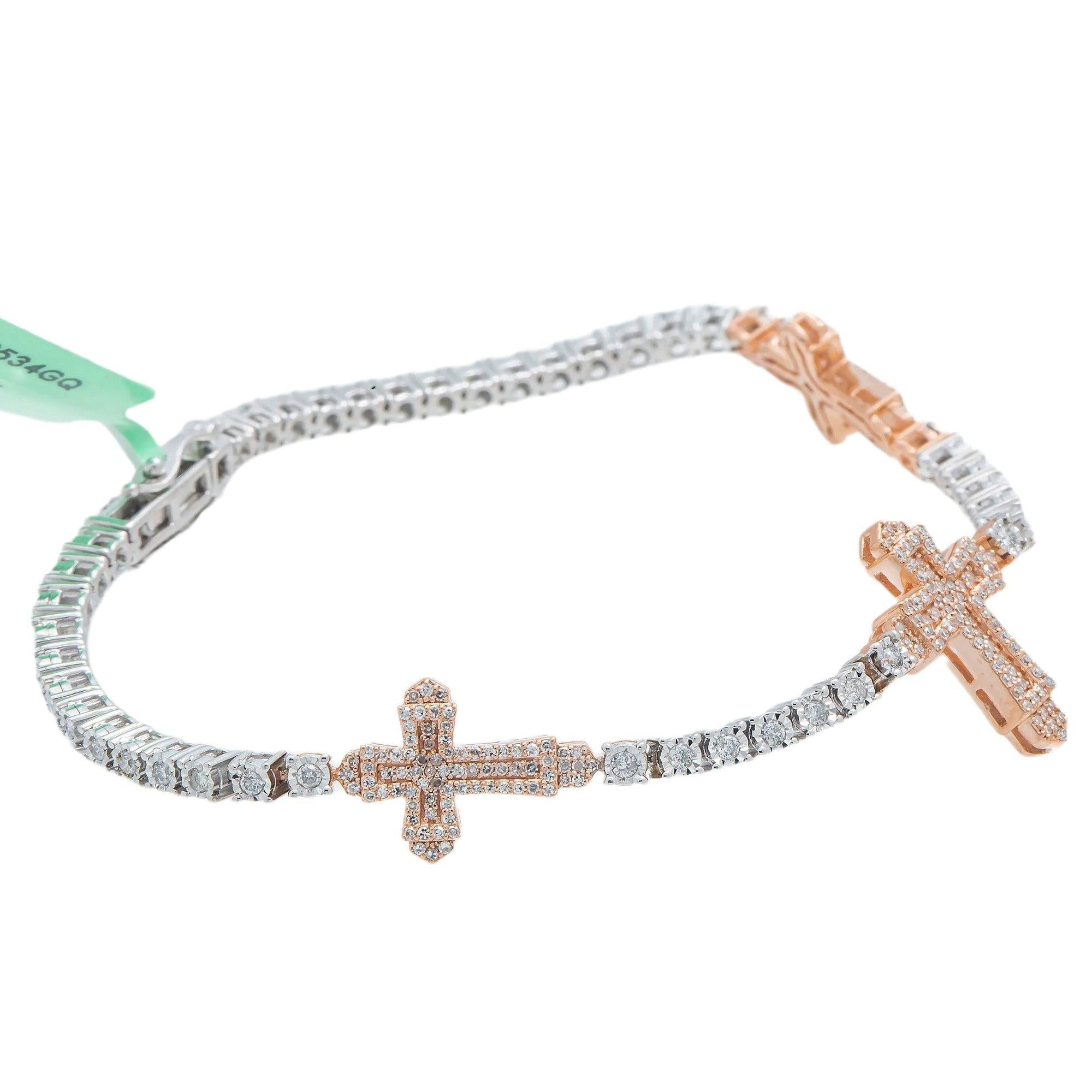 10K GOLD ROUND DIAMONDS CROSS TENNIS BRACELET 1.25 CT