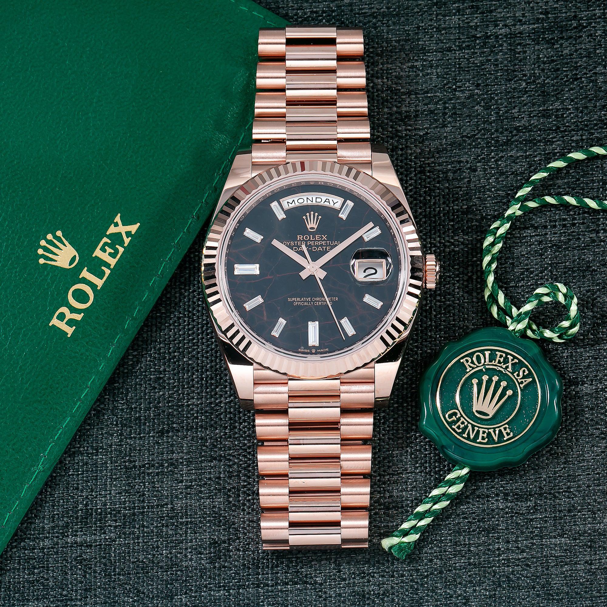 Rolex Day Date 228235 40MM Eisenkiesel Baguette Diamond Dial With Rose Gold Presidential Bracelet