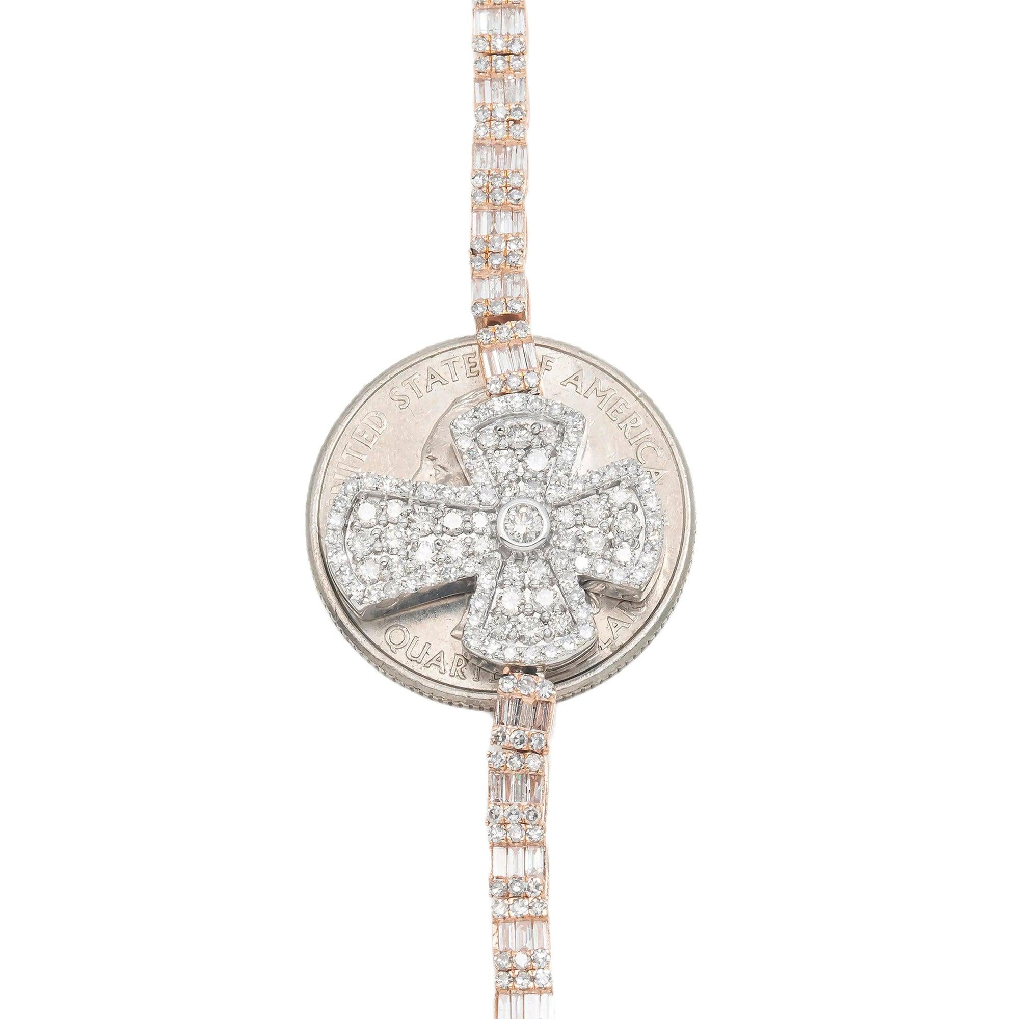 10K GOLD BAGUETTE AND ROUND DIAMOND TWO TONE CROSS CHAIN 8.90 CT