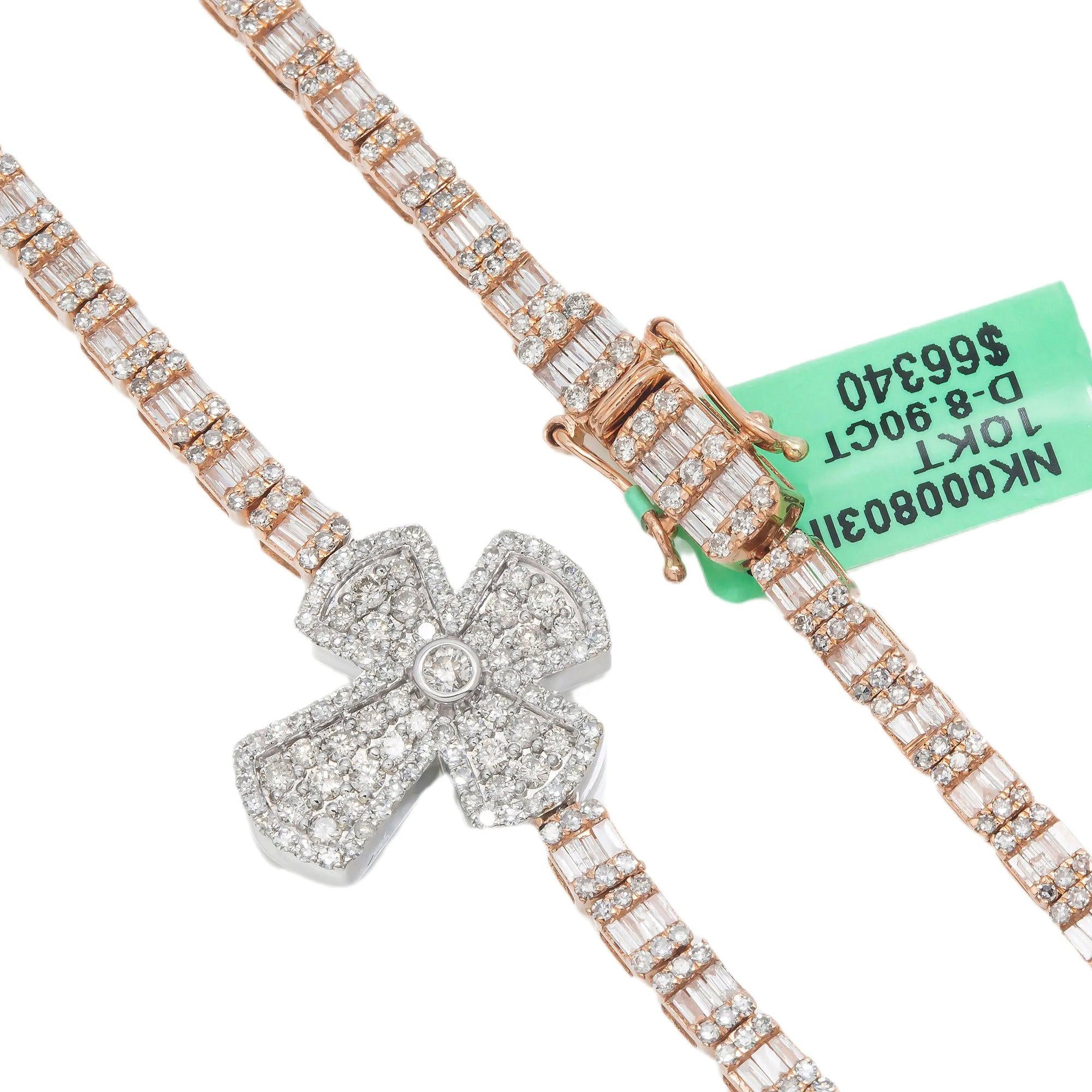 10K GOLD BAGUETTE AND ROUND DIAMOND TWO TONE CROSS CHAIN 8.90 CT