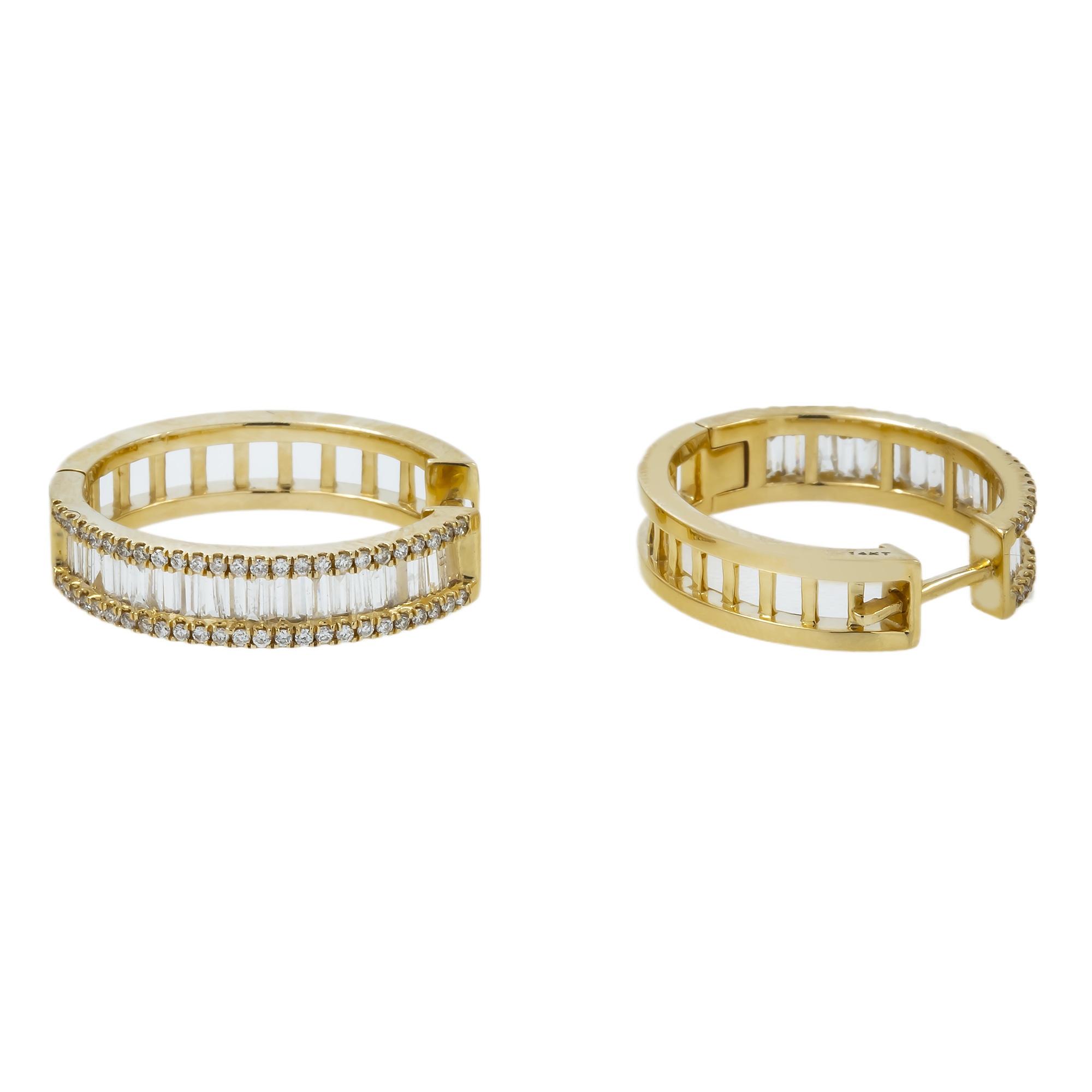 14K GOLD BAGUETTE AND ROUND DIAMOND HOOP EARRINGS 1.18 CTW