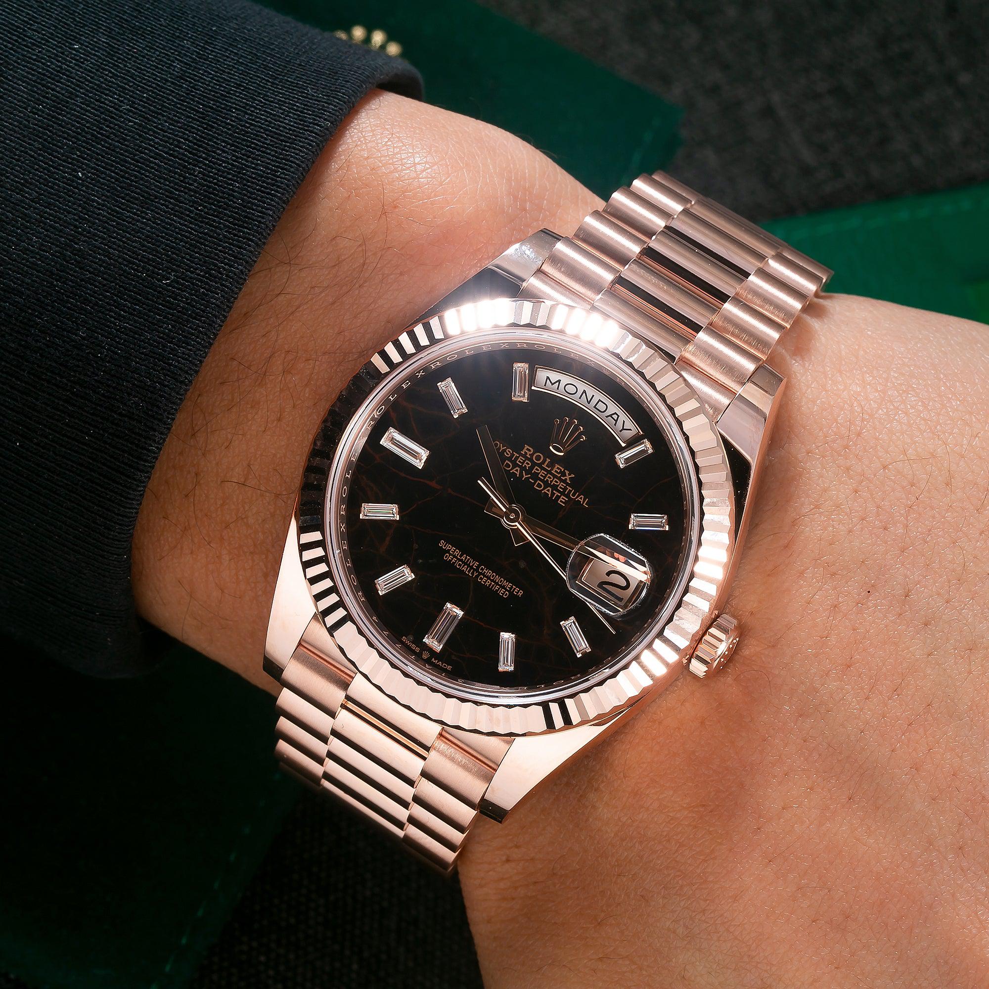 Rolex Day Date 228235 40MM Eisenkiesel Baguette Diamond Dial With Rose Gold Presidential Bracelet