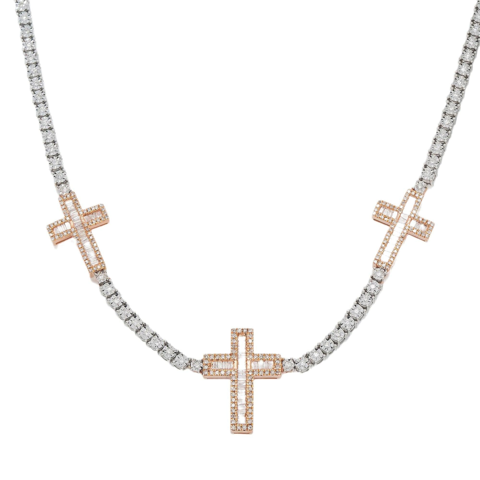 10K GOLD BAGUETTE AND ROUND DIAMOND CROSS TWO TONE TENNIS CHAIN 2.40 CT