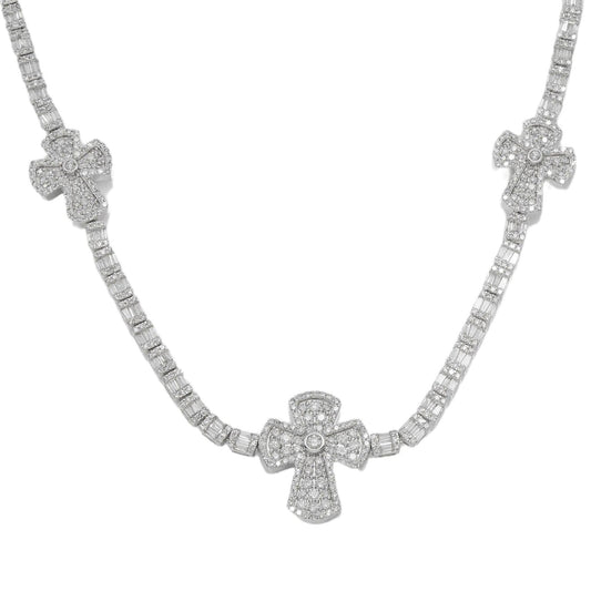 10K GOLD BAGUETTE AND ROUND DIAMOND TWO TONE CROSS CHAIN 8.90 CT