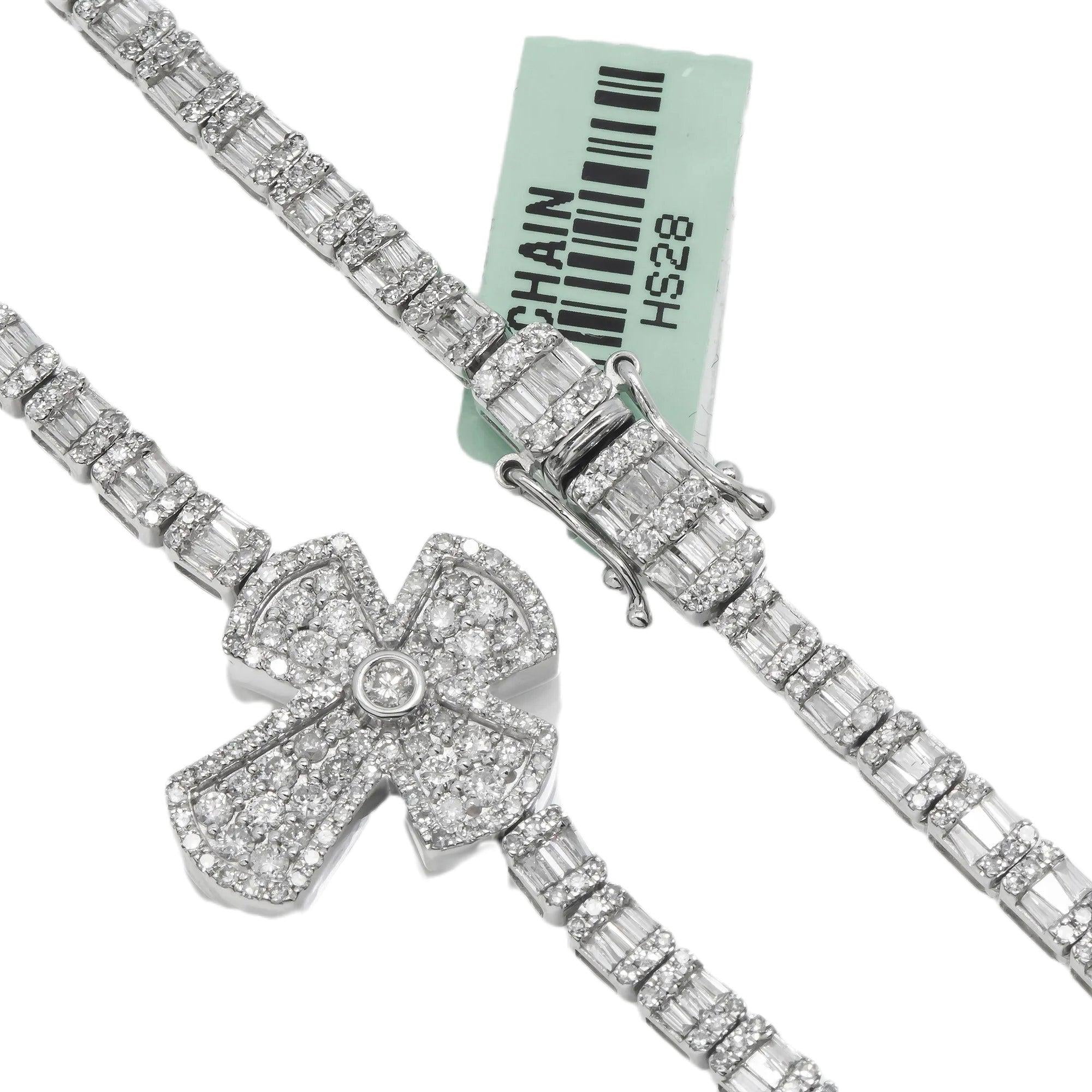 10K GOLD BAGUETTE AND ROUND DIAMOND TWO TONE CROSS CHAIN 8.90 CT