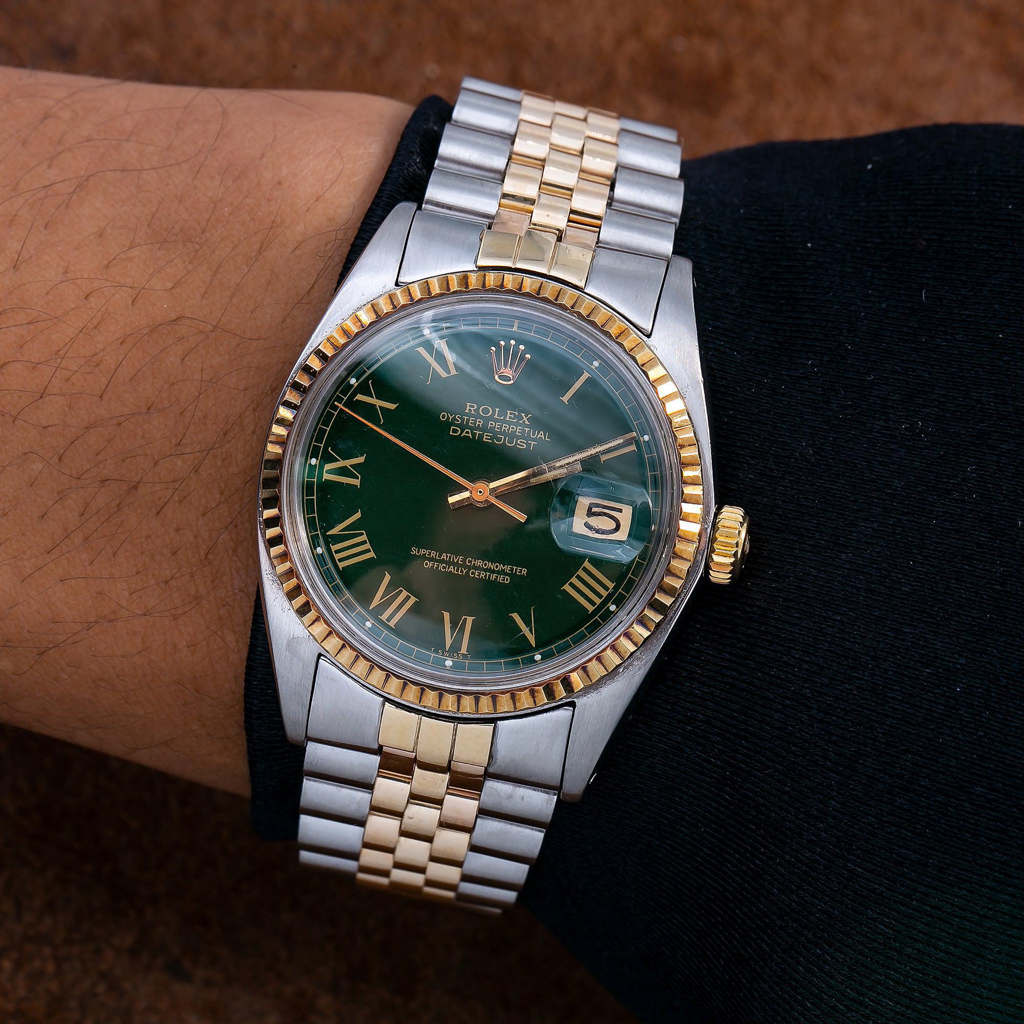 Rolex Datejust 1601, 36mm green aftermarket dial, two-tone 18K gold and steel bracelet, fluted gold bezel, pre-owned.