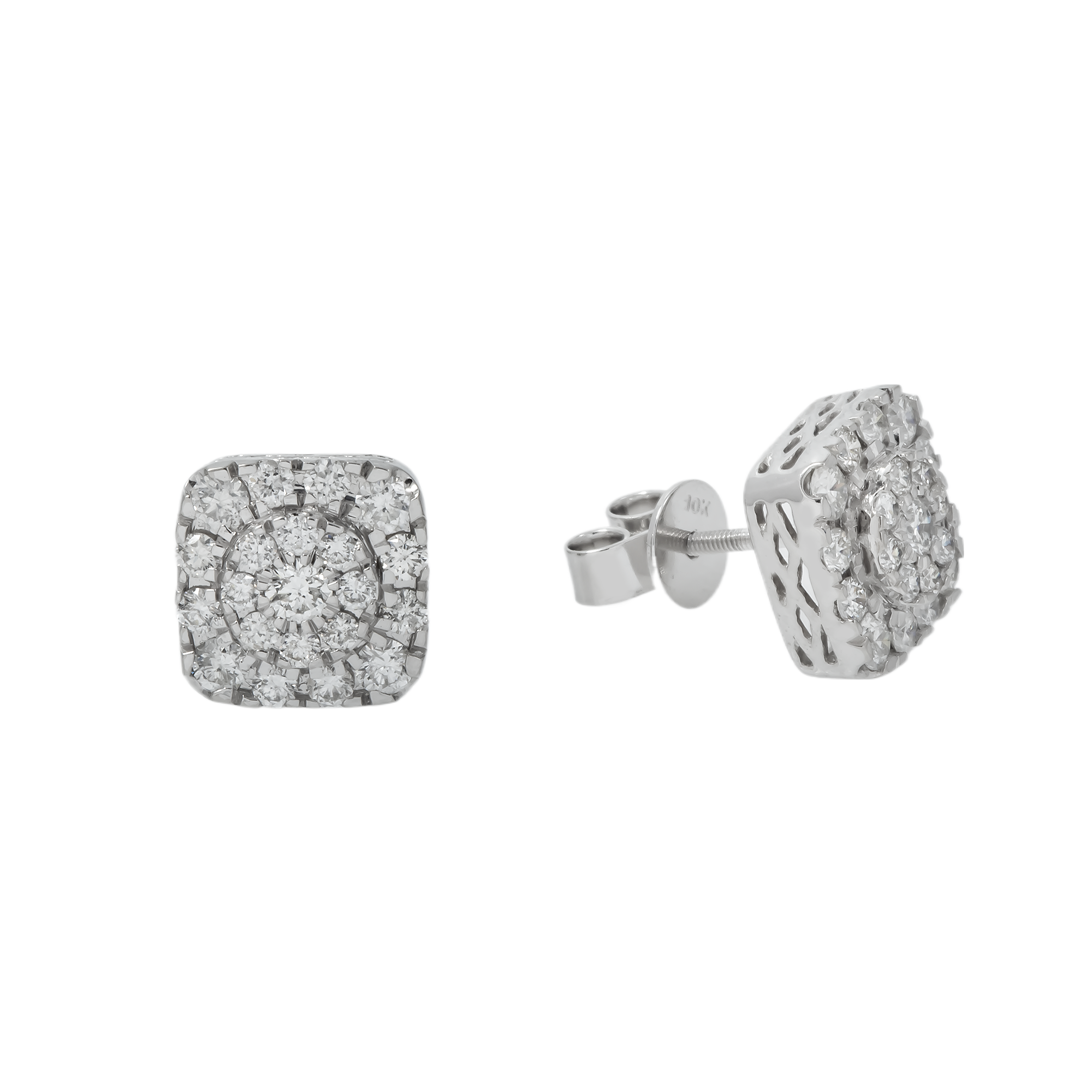 10K GOLD ROUND DIAMOND CLUSTER SQUARE SHAPE EARRINGS 1.39 CTW