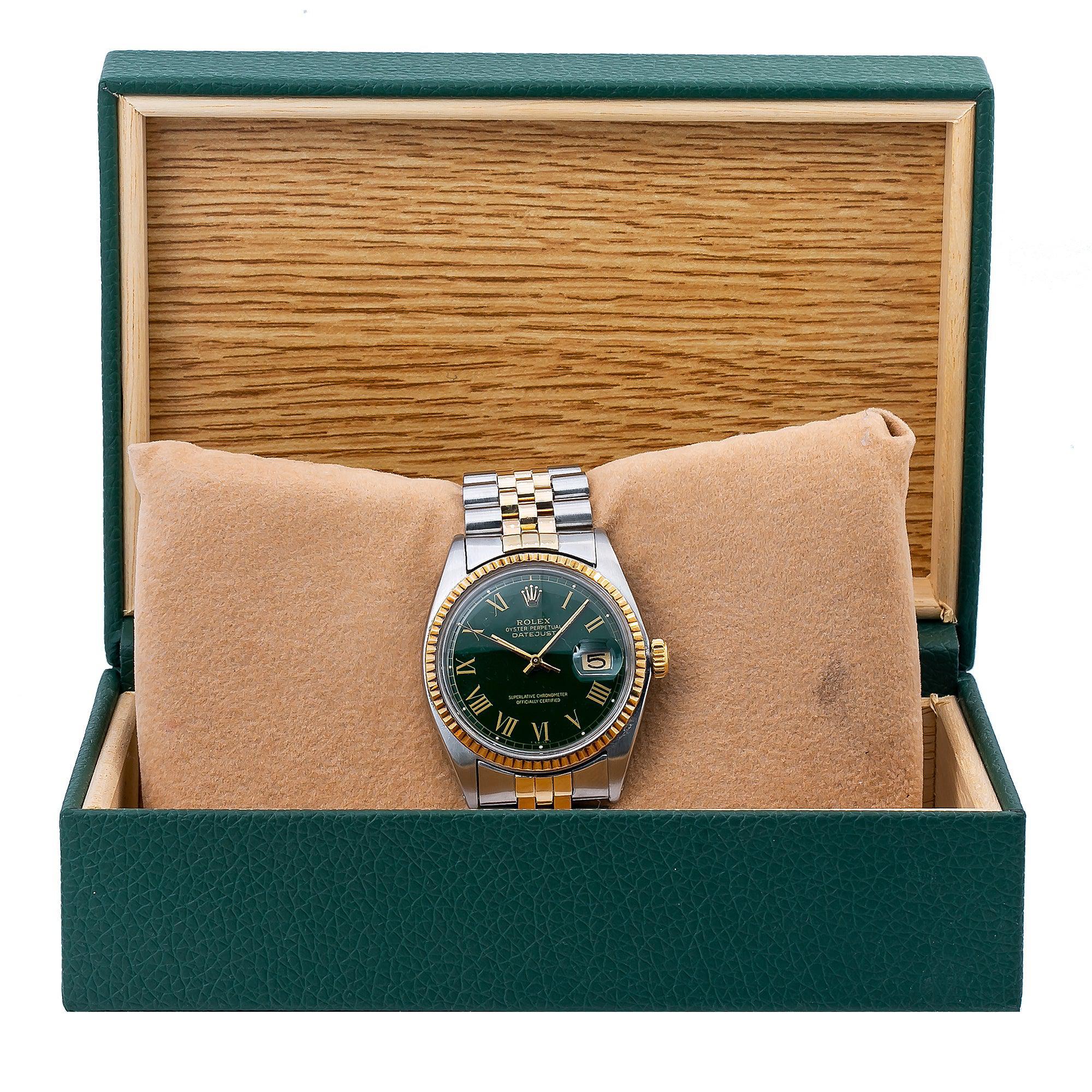 Rolex Datejust 1601, 36mm, green aftermarket dial, gold fluted bezel, two-tone bracelet.
