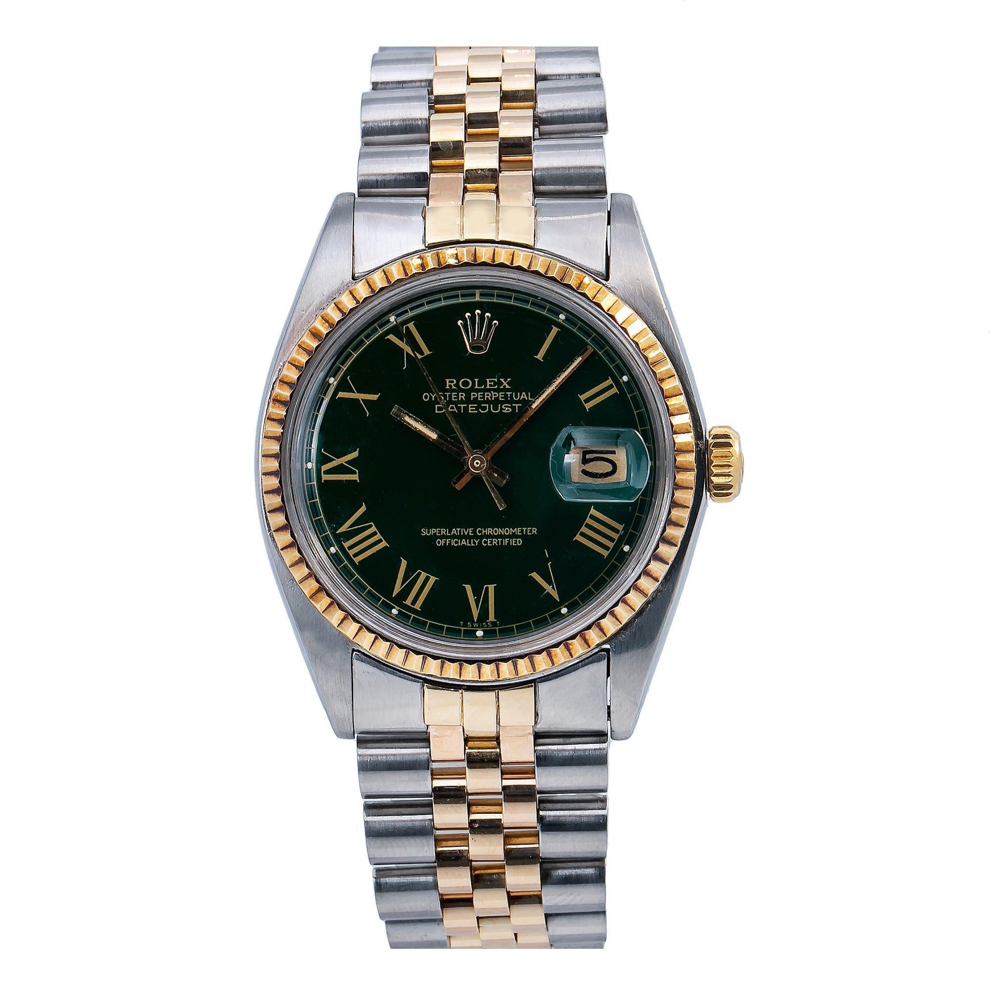 Pre-owned Rolex Datejust 1601, 36mm, green aftermarket dial, two-tone gold and stainless bracelet, automatic, sapphire crystal