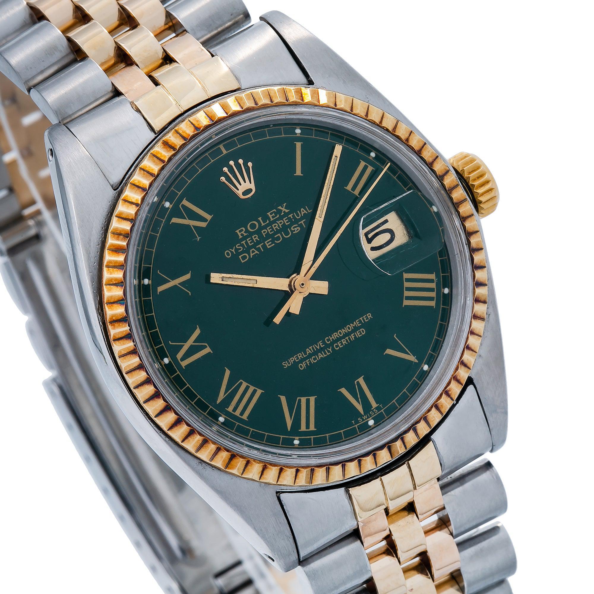 Rolex Datejust 1601 36mm green dial, two-tone steel and 18K gold bracelet, fluted bezel, date at 3 with cyclops.