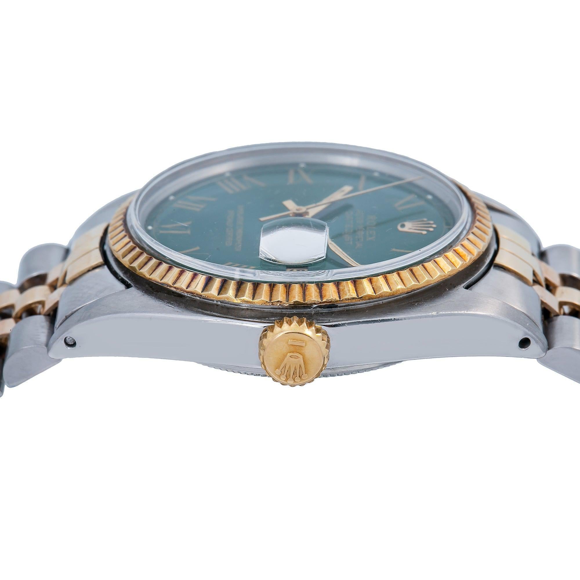 Rolex Datejust 1601, 36mm two-tone bracelet, pre-owned, green dial, fluted bezel, automatic movement, sapphire crystal