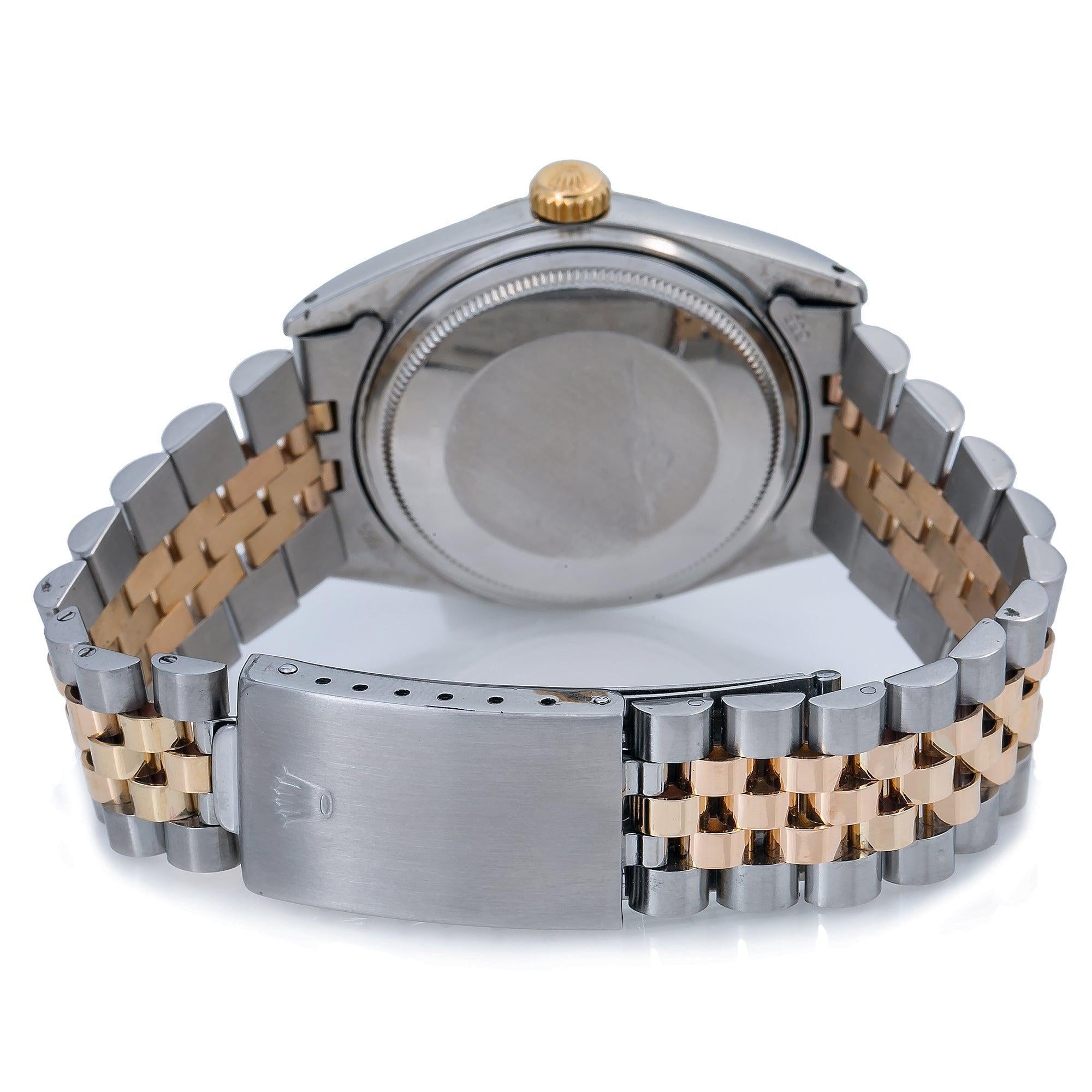 Pre-owned Rolex Datejust 1601, 36mm two-tone bracelet, gold crown, stainless steel case back.