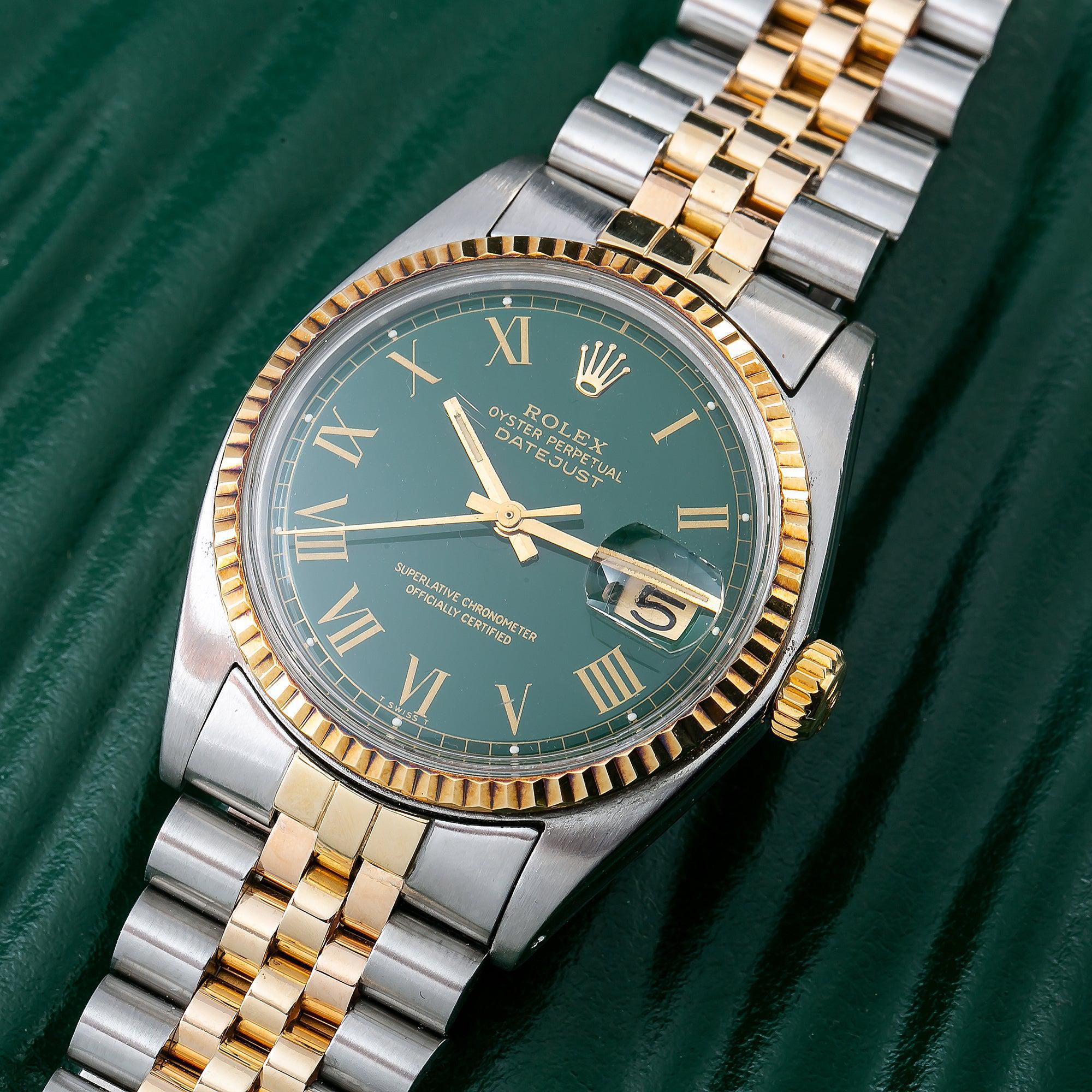 Rolex Datejust 1601, 36mm, green dial, two-tone gold bracelet, gold fluted bezel, sapphire crystal, date