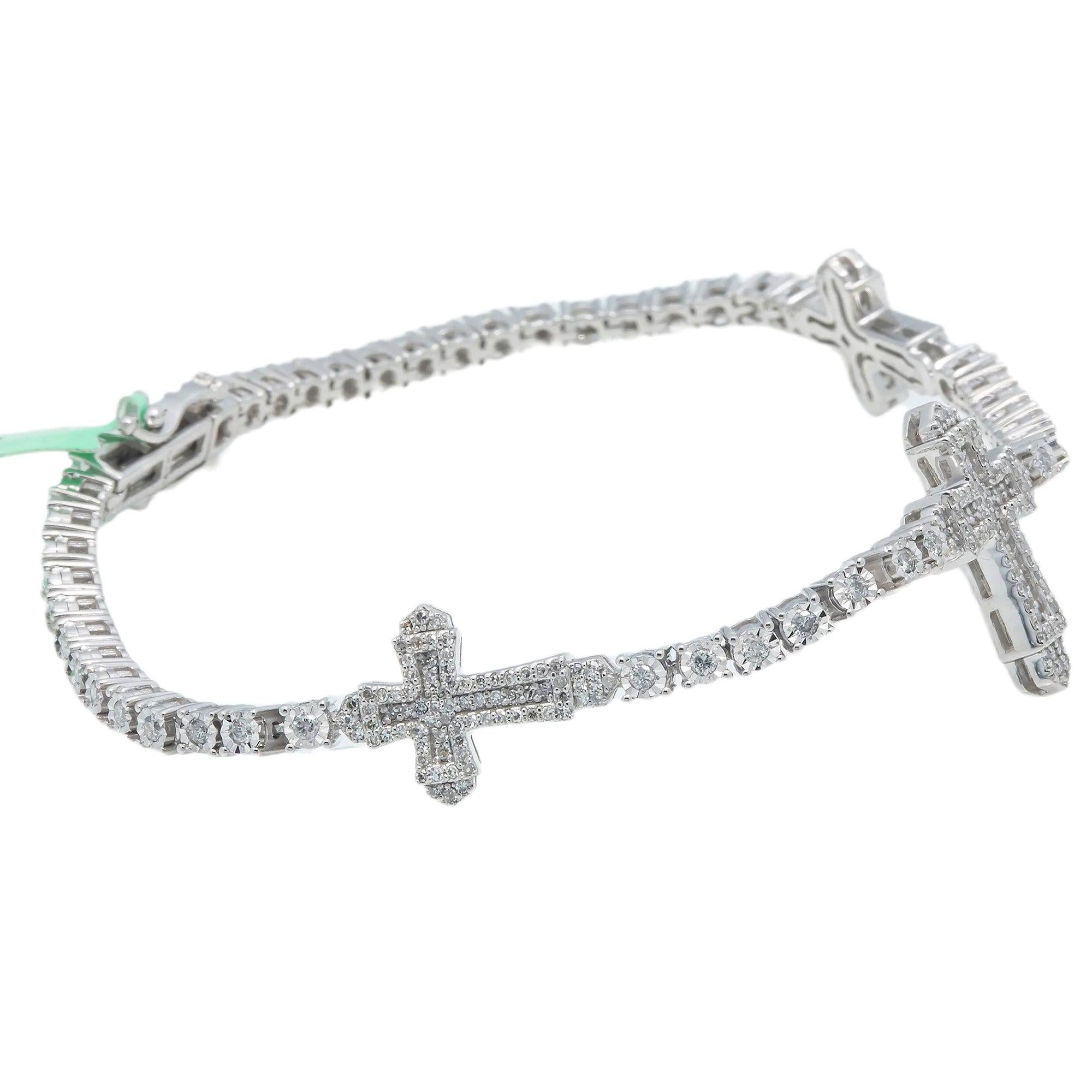 10K GOLD ROUND DIAMONDS CROSS TENNIS BRACELET 1.25 CT