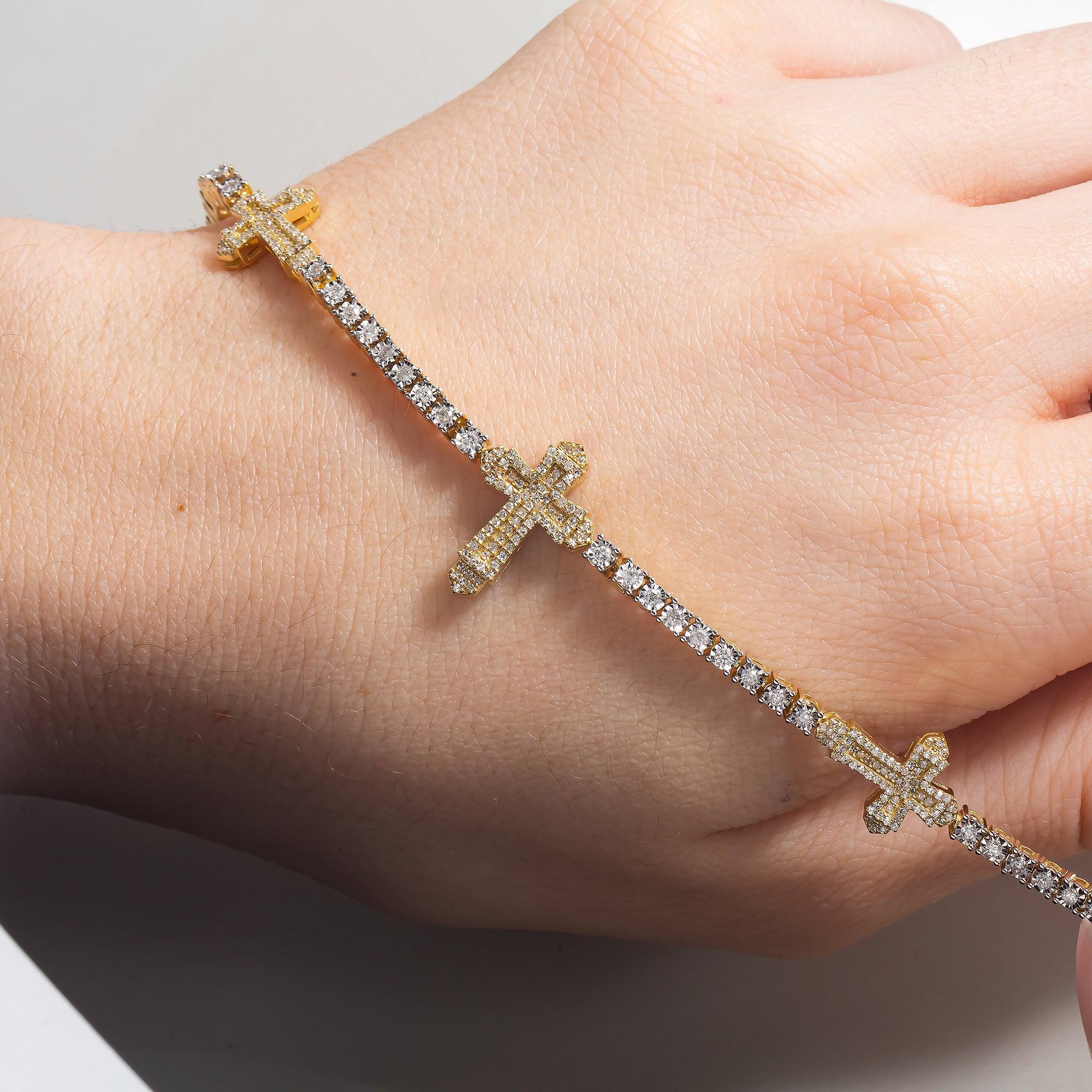 10K GOLD ROUND DIAMONDS CROSS TENNIS BRACELET 1.25 CT