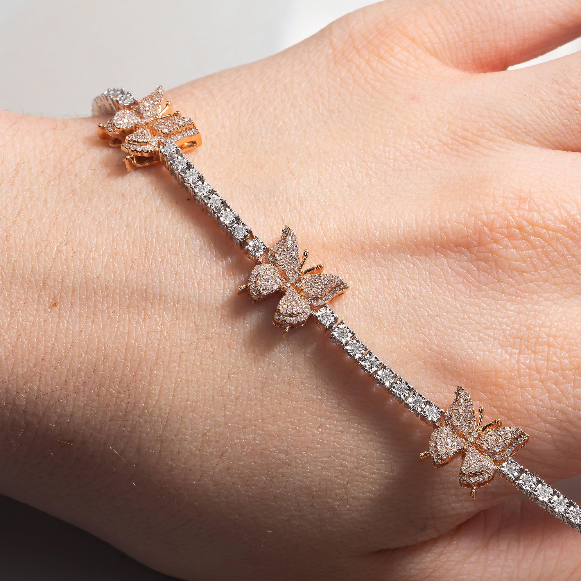 10K GOLD ROUND DIAMONDS HEART TWO TONE BUTTERFLY TENNIS BRACELET 1.50 CT