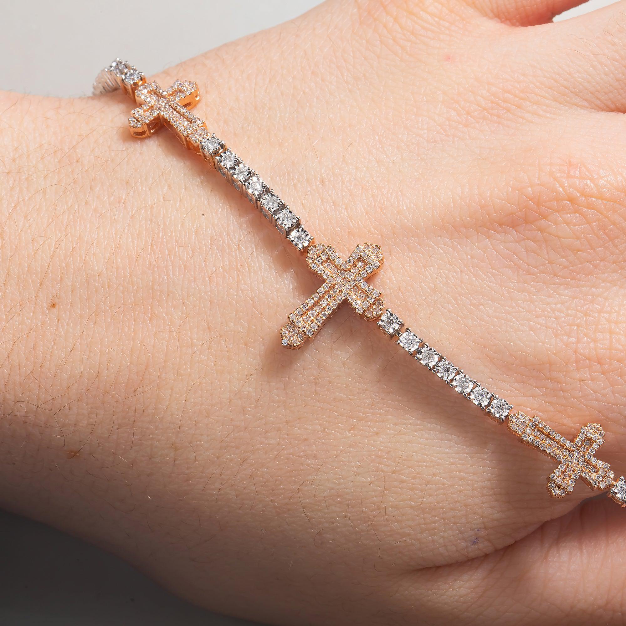 10K GOLD ROUND DIAMONDS CROSS TENNIS BRACELET 1.25 CT