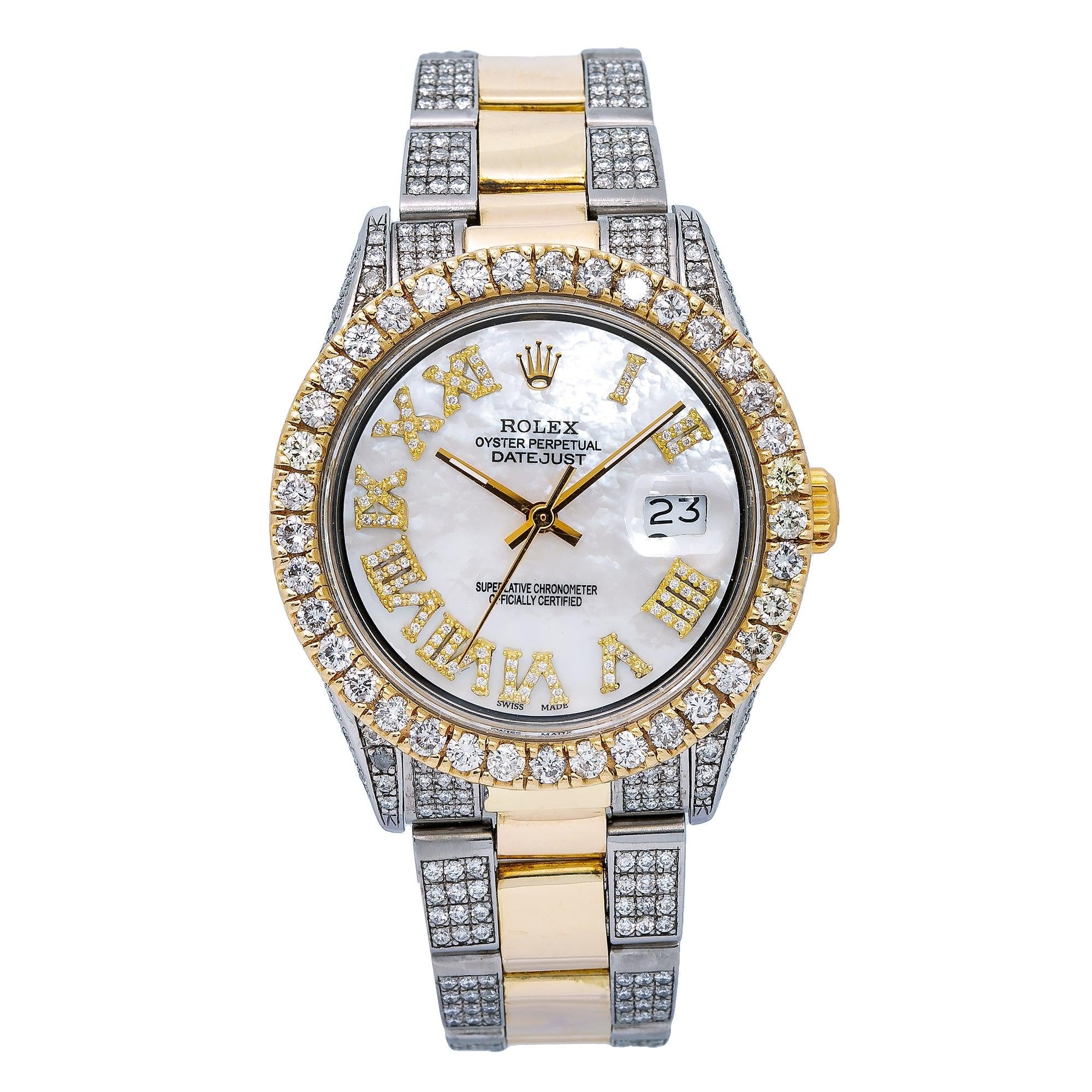 Rolex Datejust 36MM 1601 Mother of Pearl Roman Dial Diamond Bezel Two Tone Semi Diamond Jubilee Bracelet