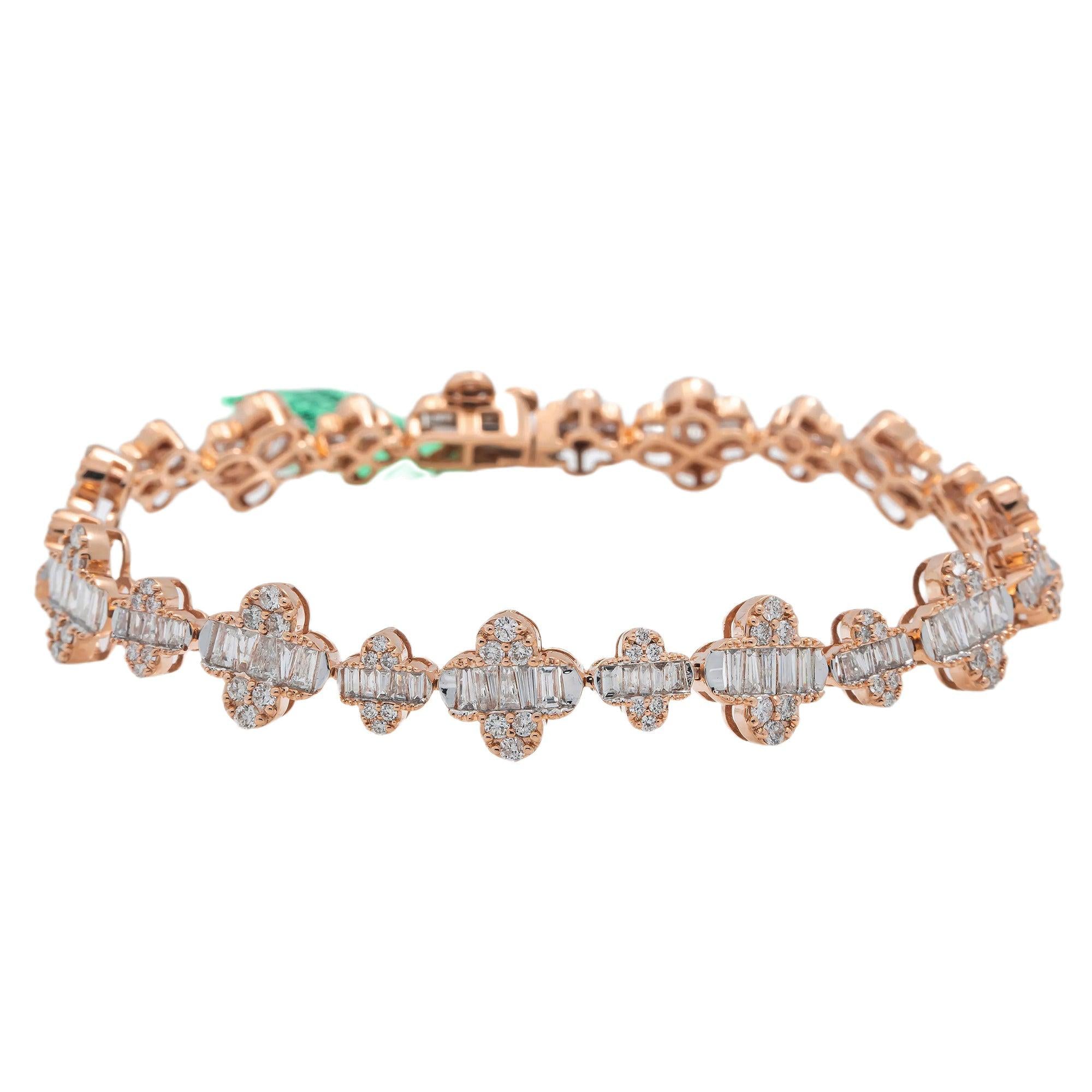 14K GOLD BAGUETTE AND ROUND DIAMONDS CLOVER BRACELET 4.90 CT