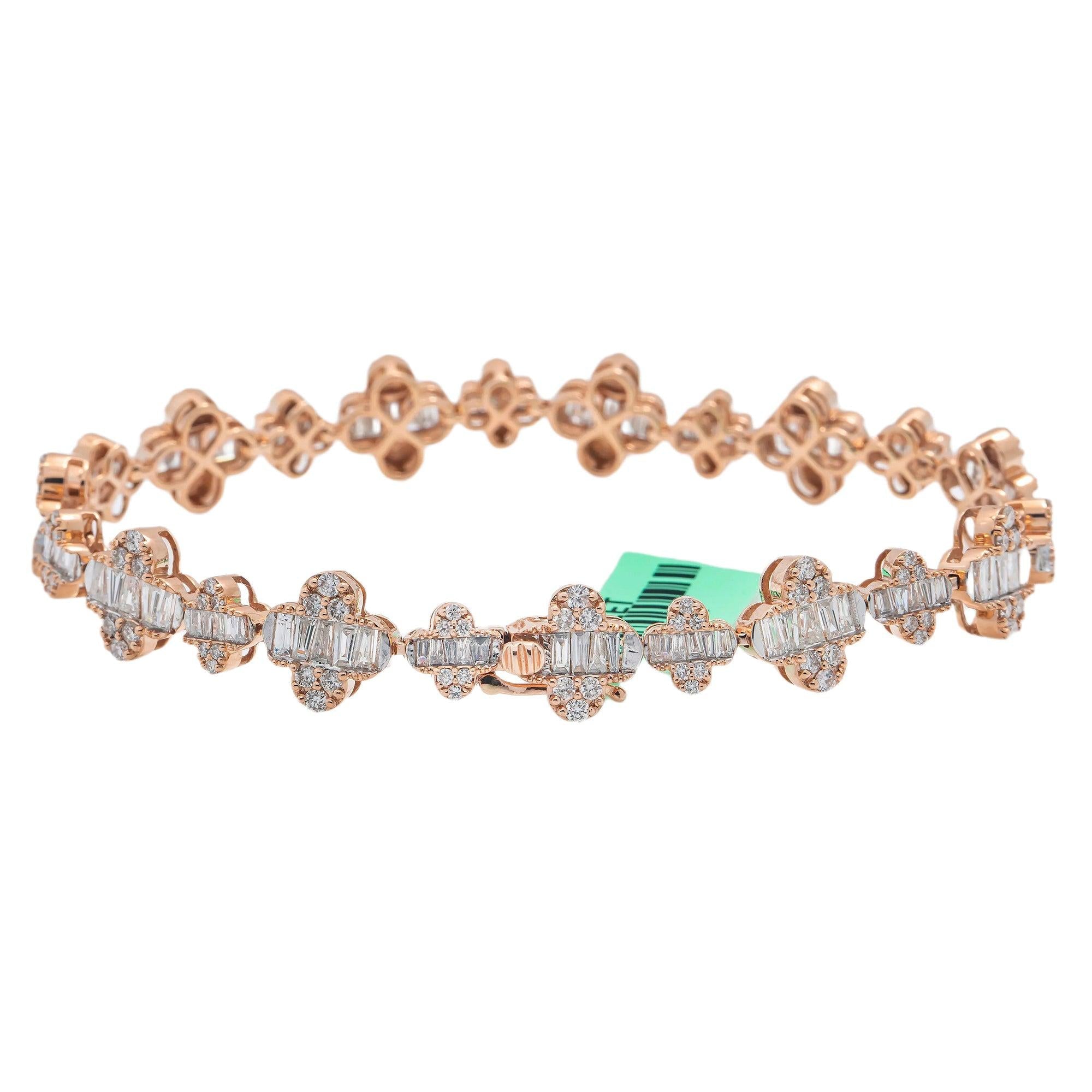 14K GOLD BAGUETTE AND ROUND DIAMONDS CLOVER BRACELET 4.90 CT