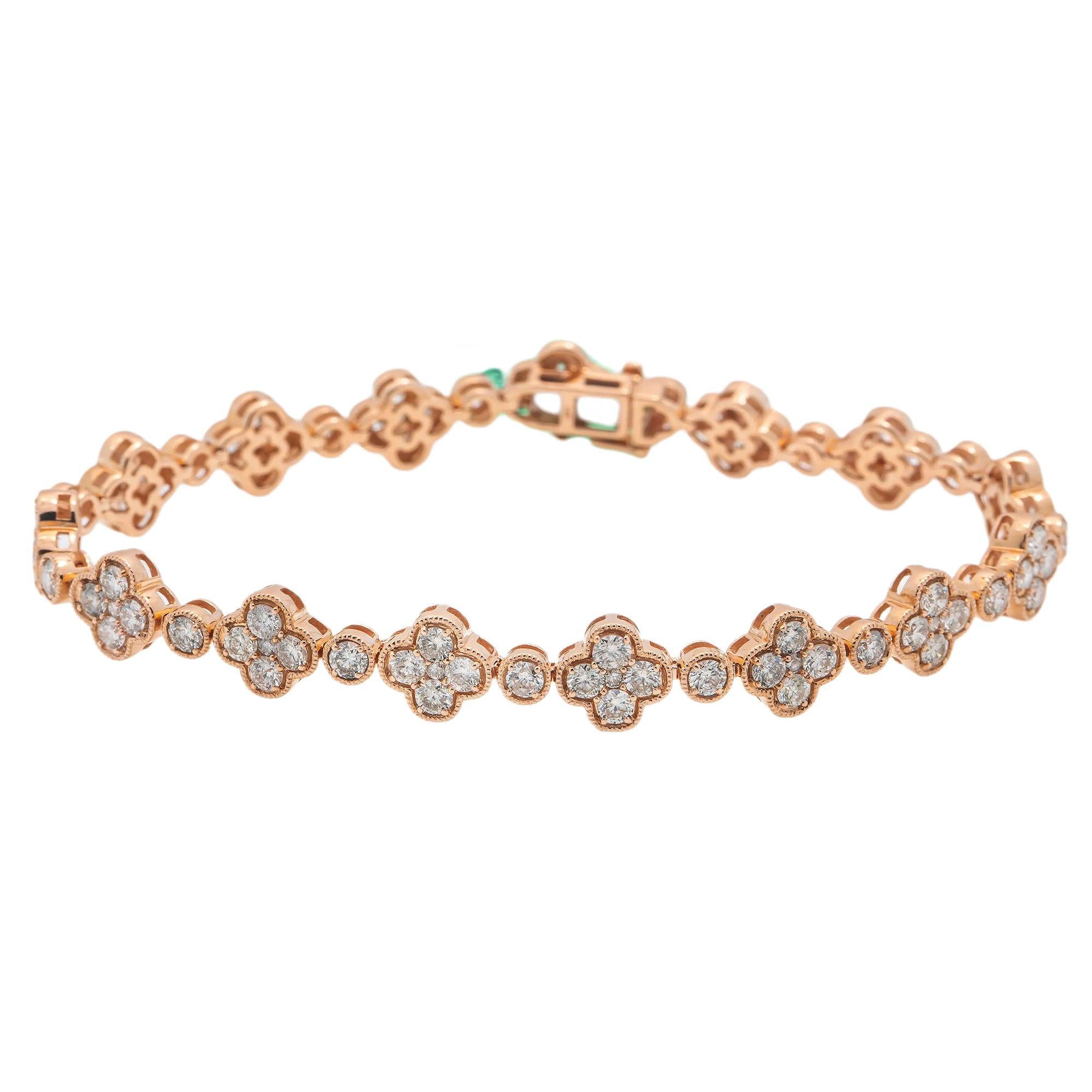 14K GOLD ROUND DIAMONDS CLOVER BRACELET 4.50 CT