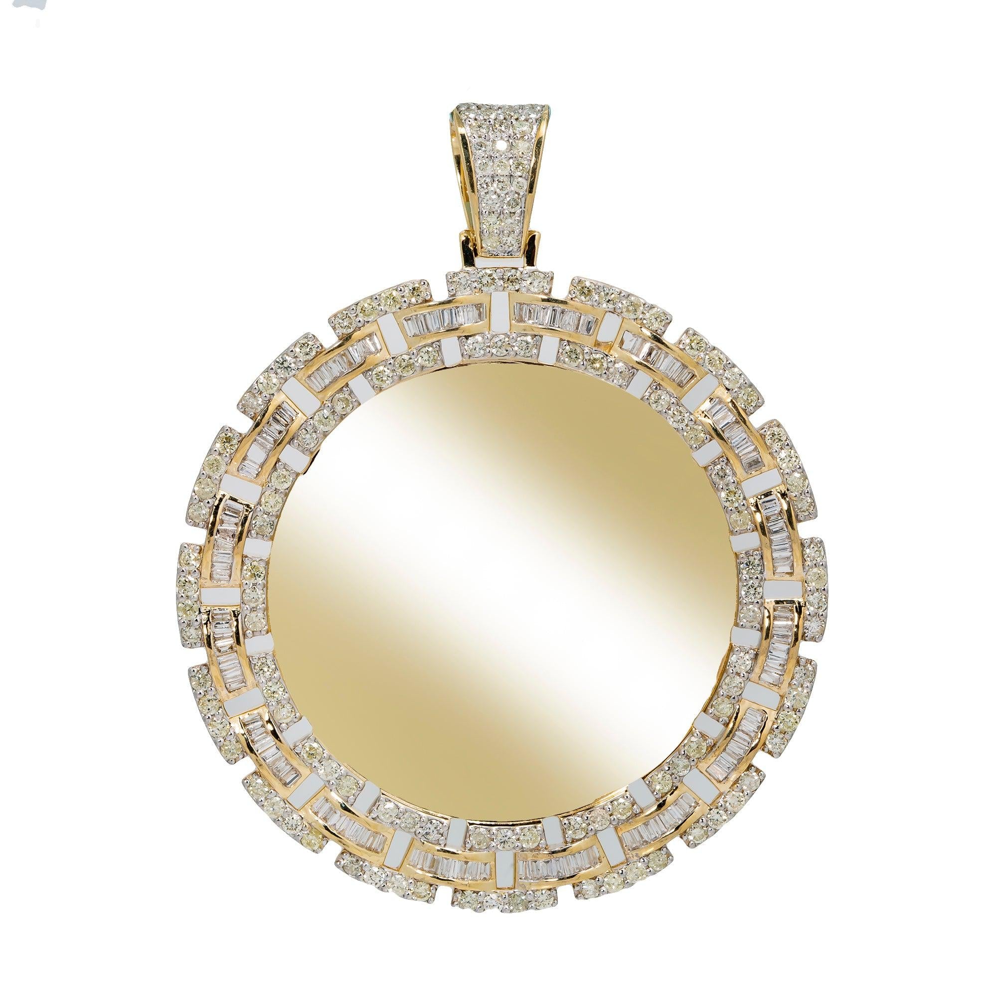 14K YELLOW GOLD BAGUETTE AND ROUND DIAMOND CIRCLE PICTURE PENDANT 4.23 CT