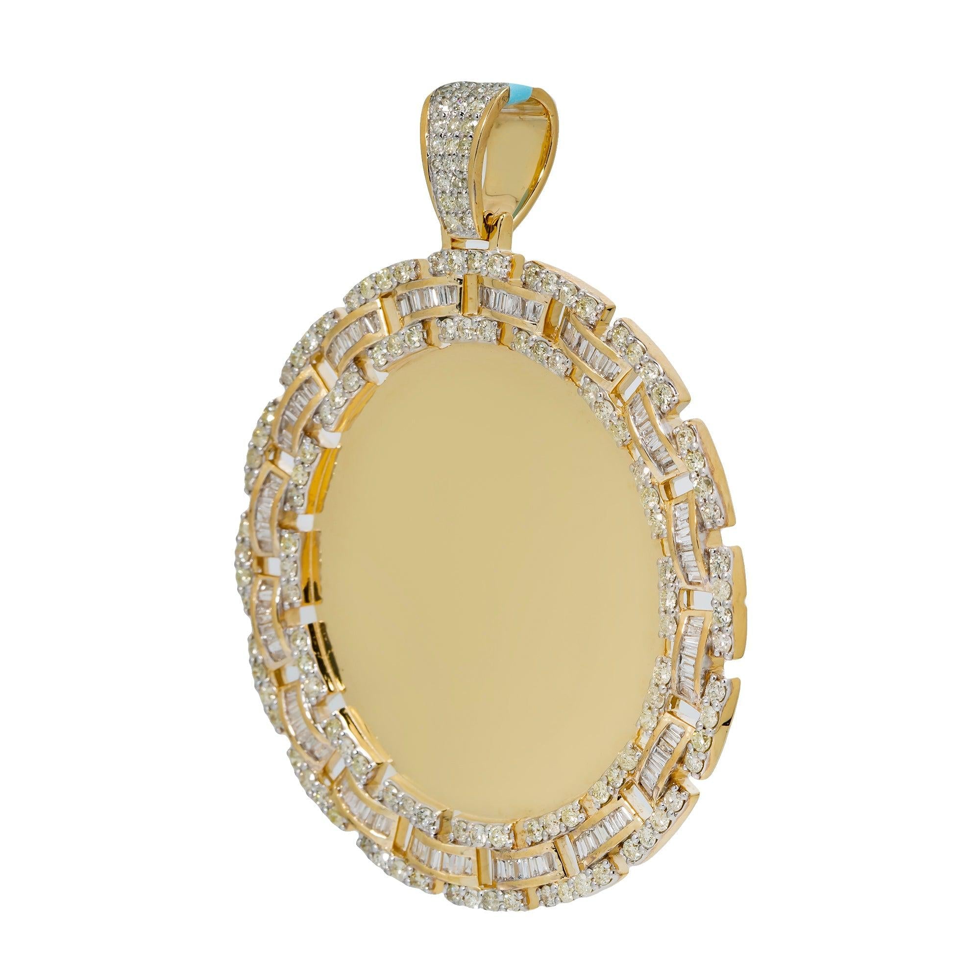 14K YELLOW GOLD BAGUETTE AND ROUND DIAMOND CIRCLE PICTURE PENDANT 4.23 CT