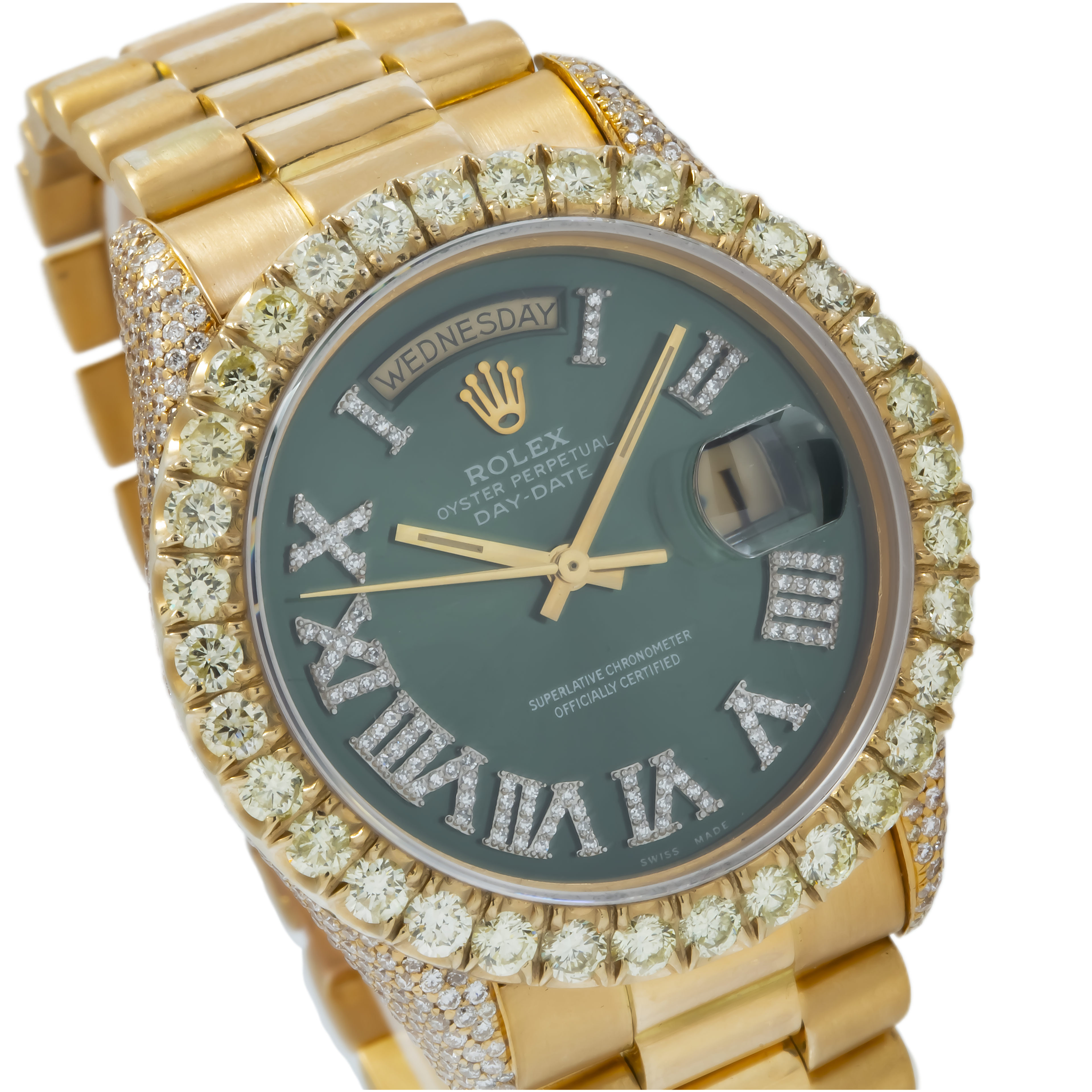 Rolex Day-Date 18038 36MM Green Diamond Dial And Bezel With Yellow Gold Presidential Bracelet 17.50 CT