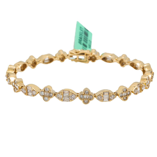 14K GOLD BAGUETTE AND ROUND DIAMONDS SMALL CLOVER BRACELET 4.00 CT