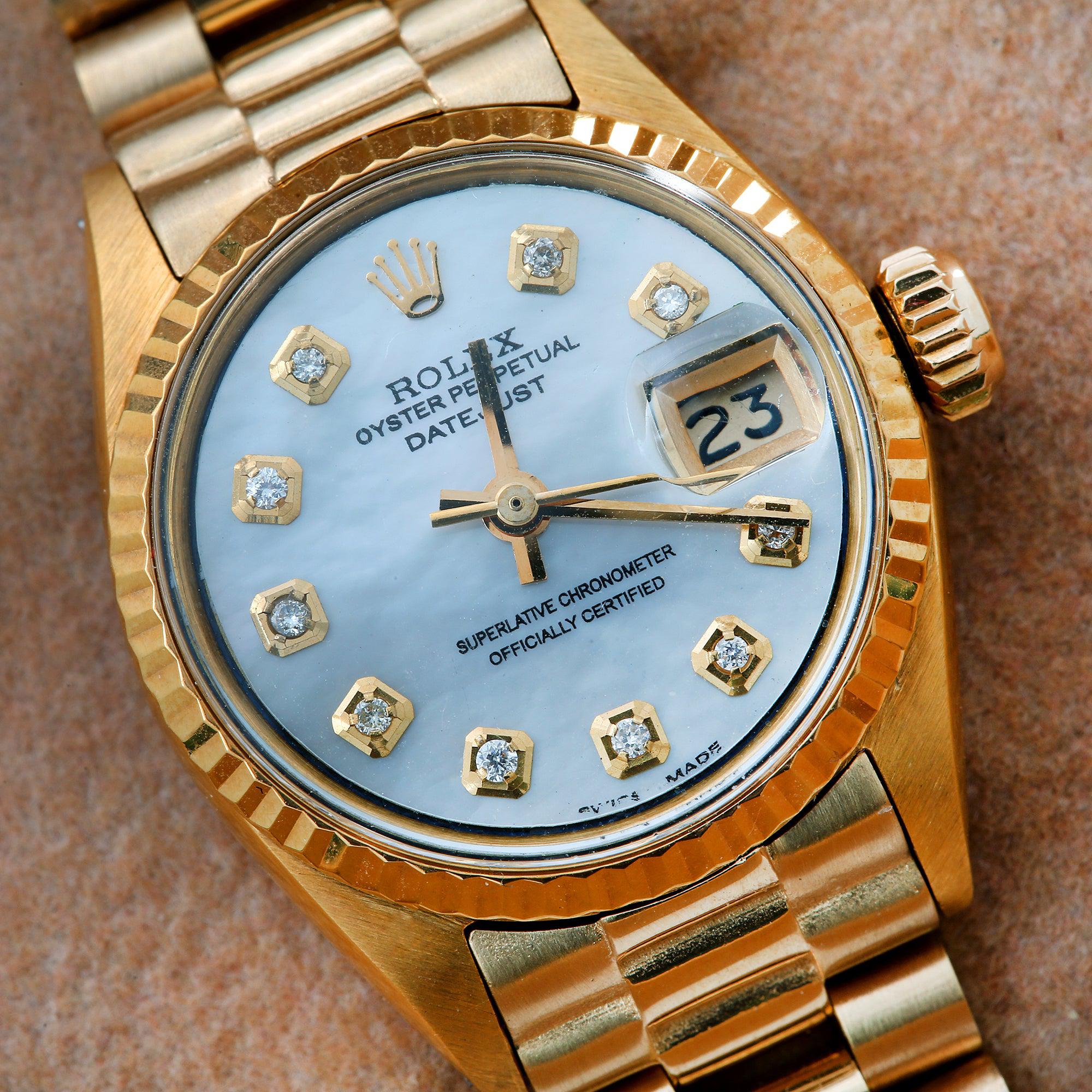 Rolex Oyster Perpetual Lady Datejust 26MM White Mother of Pearl Diamond Dial With Yellow Gold Bracelet