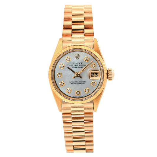 Rolex Oyster Perpetual Lady Datejust 26MM White Mother of Pearl Diamond Dial With Yellow Gold Bracelet
