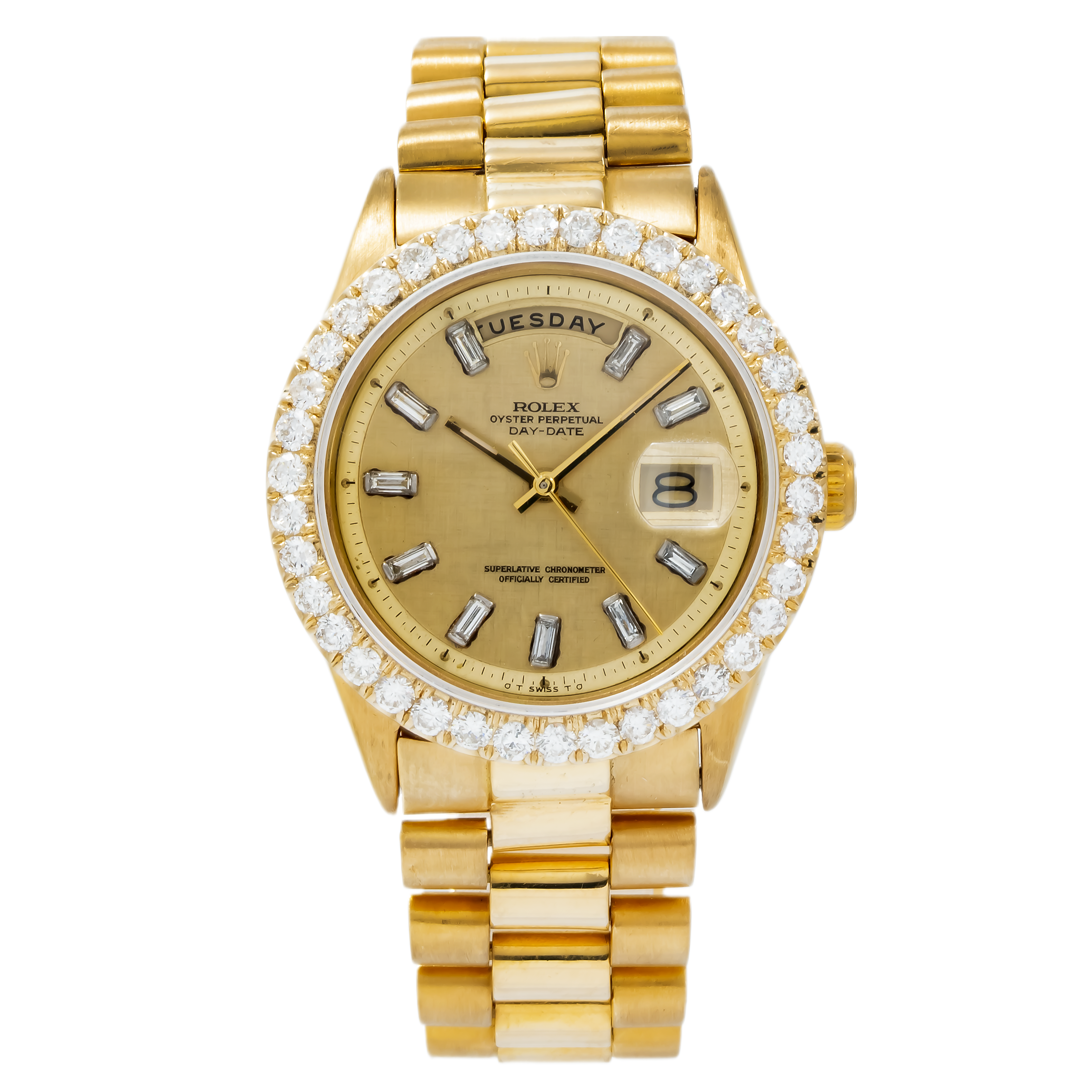 Rolex Day-Date 1803 36MM Champagne Baguette Diamond Dial With Diamond Bezel