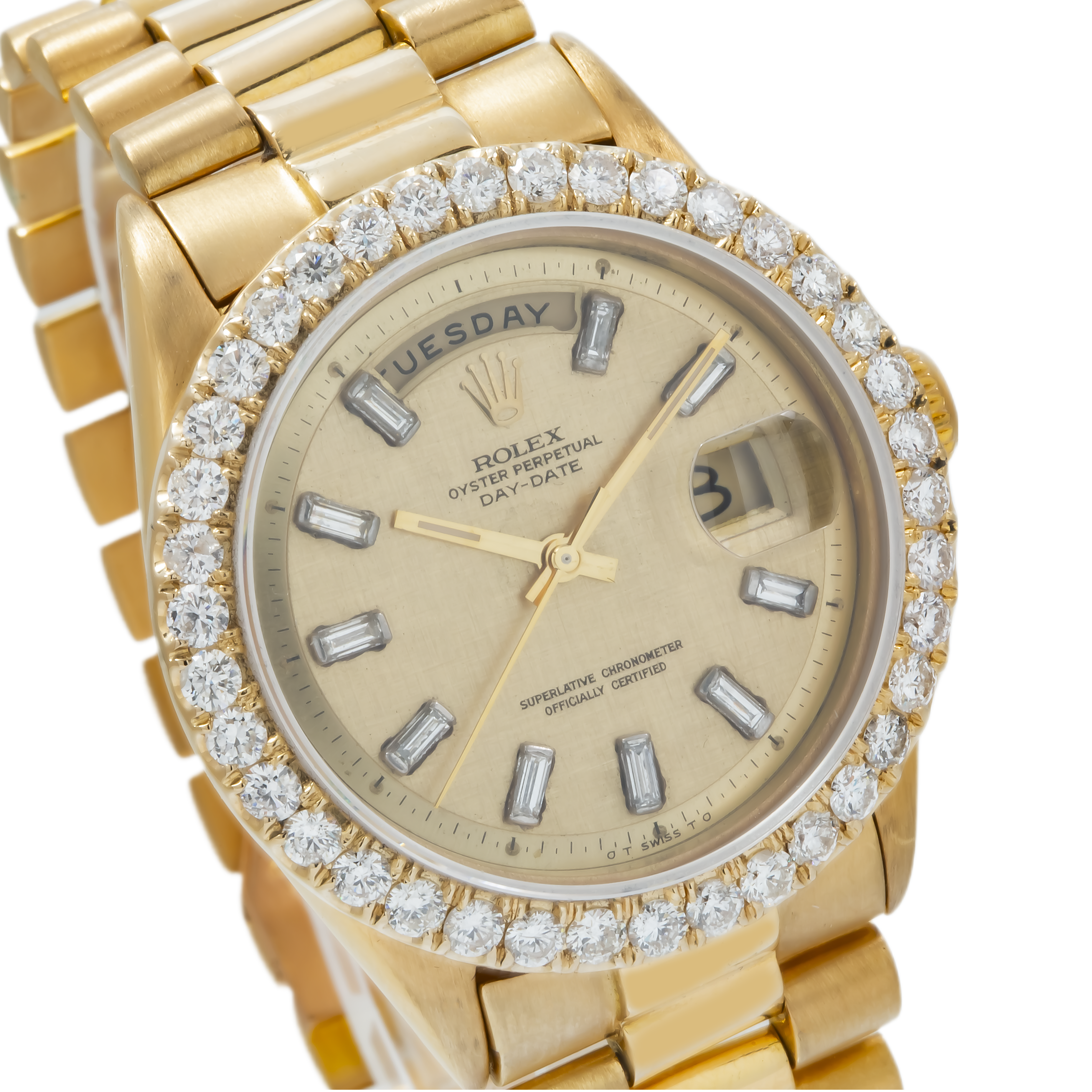 Rolex Day-Date 1803 36MM Champagne Baguette Diamond Dial With Diamond Bezel