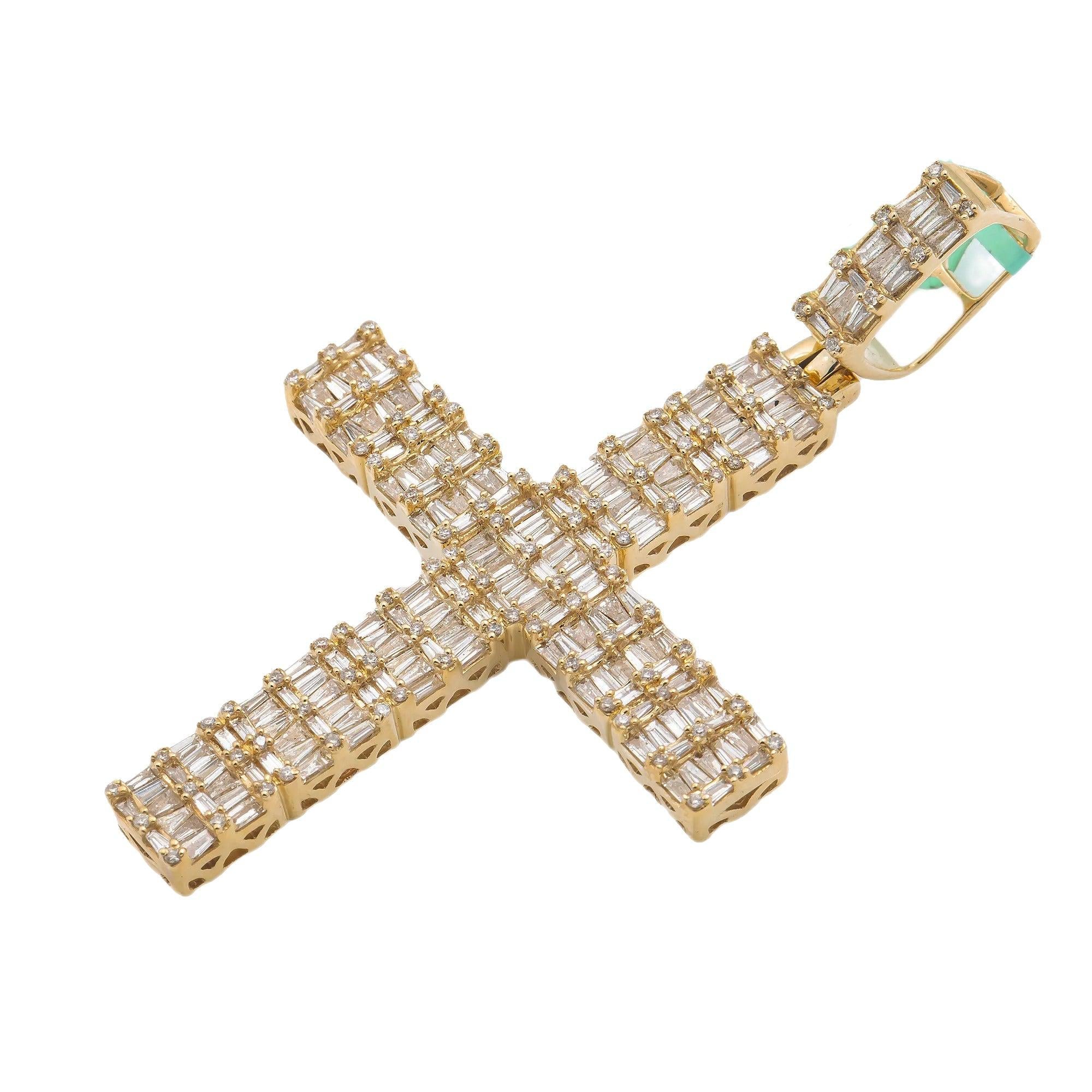 14K GOLD BAGUETTE DIAMOND CROSS PENDANT 3.25 CT