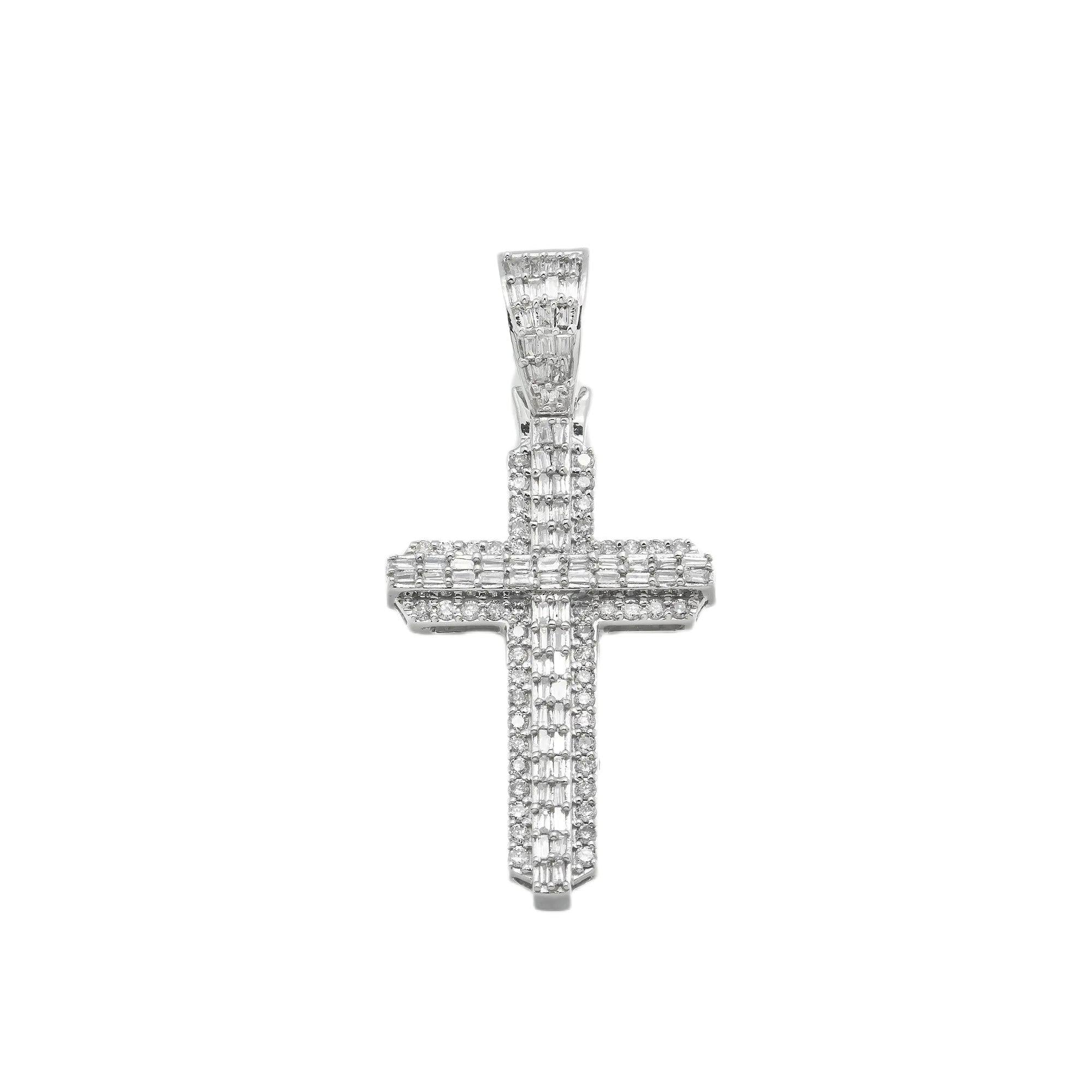 14K GOLD BAGUETTE DIAMOND CROSS PENDANT 0.90 CT