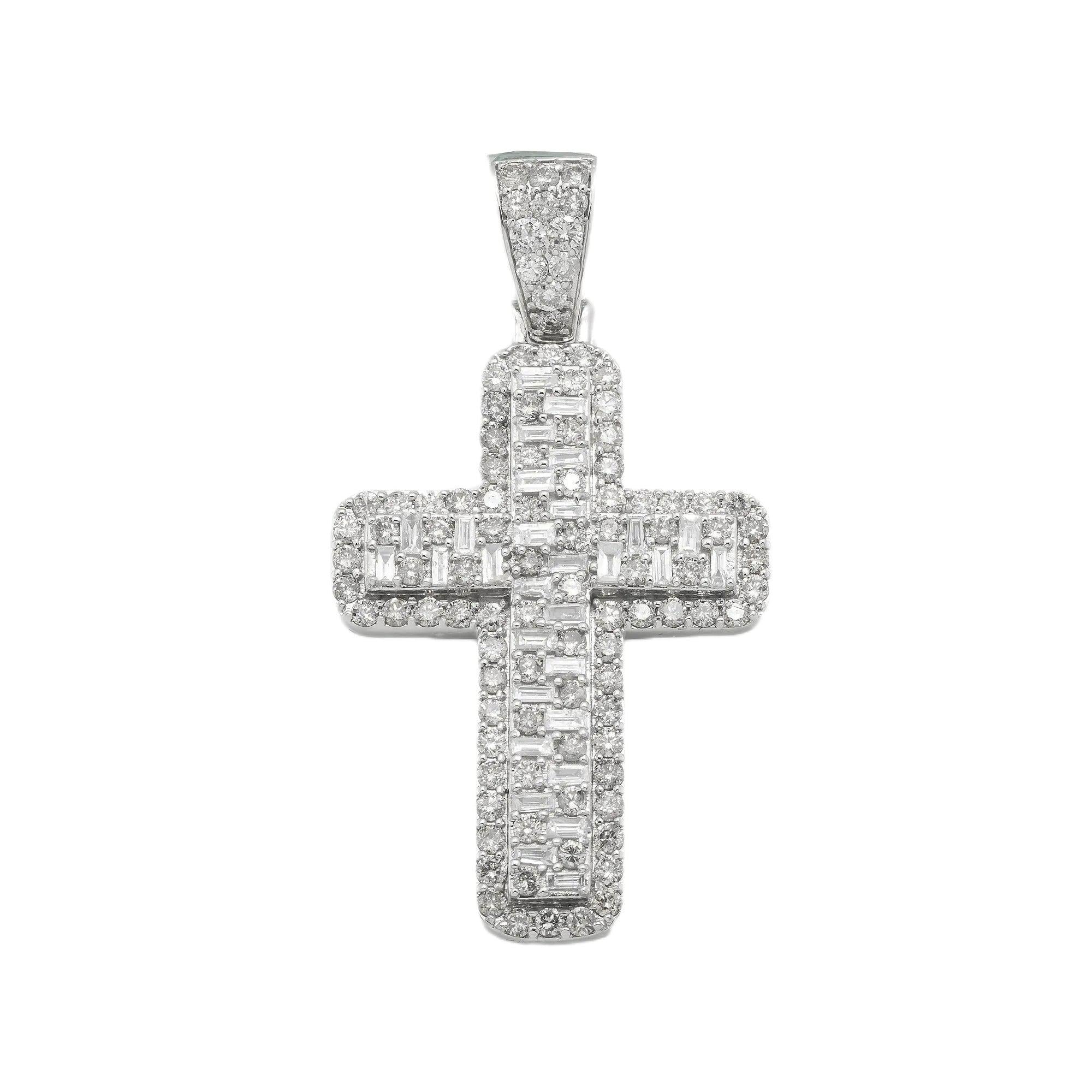 14K GOLD BAGUETTE AND ROUND DIAMOND CROSS PENDANT 3.30 CT