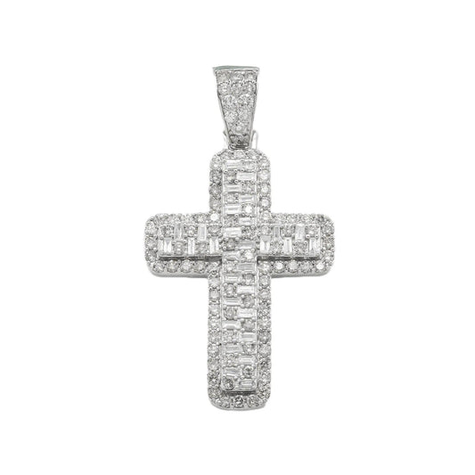 14K GOLD BAGUETTE AND ROUND DIAMOND CROSS PENDANT 3.30 CT