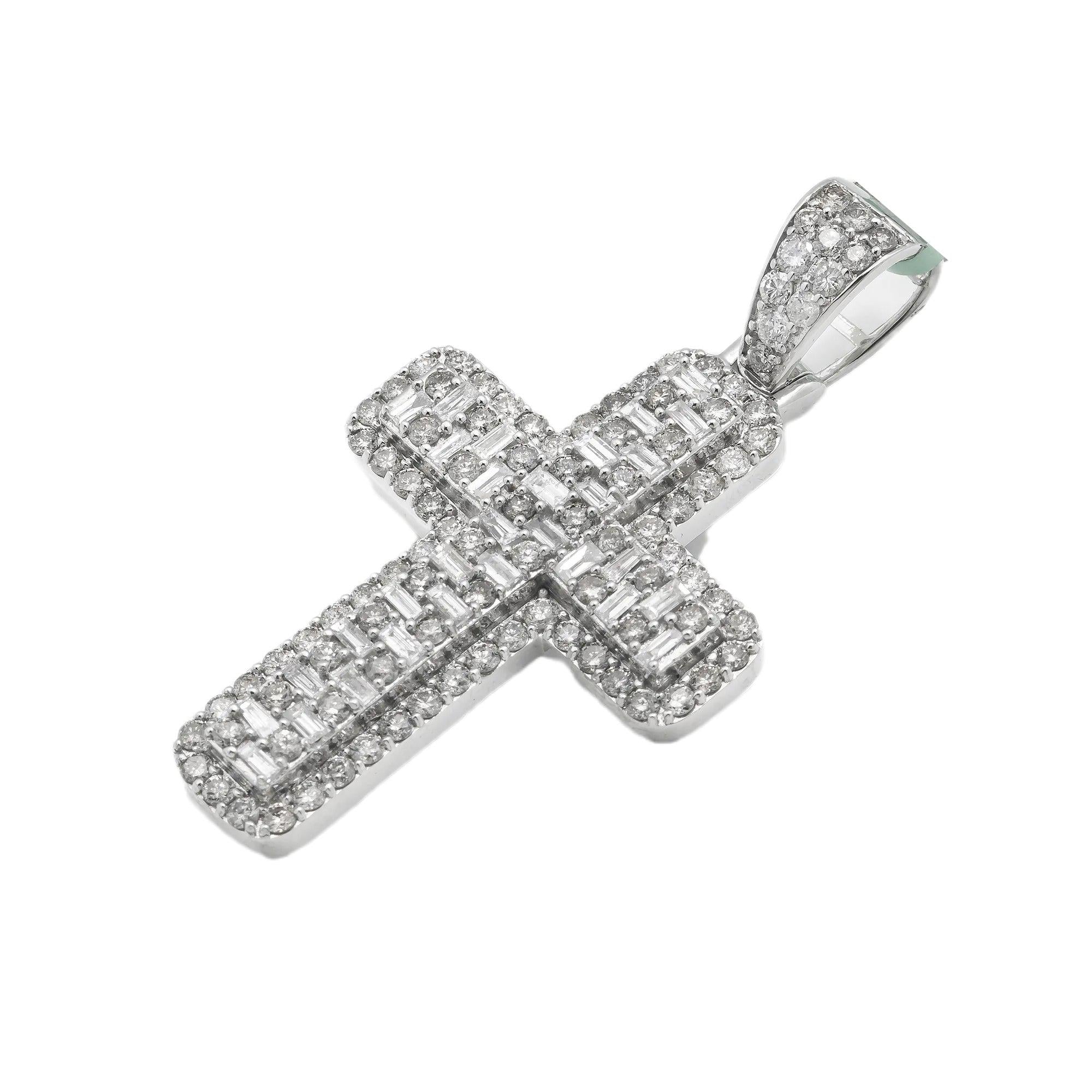 14K GOLD BAGUETTE AND ROUND DIAMOND CROSS PENDANT 3.30 CT